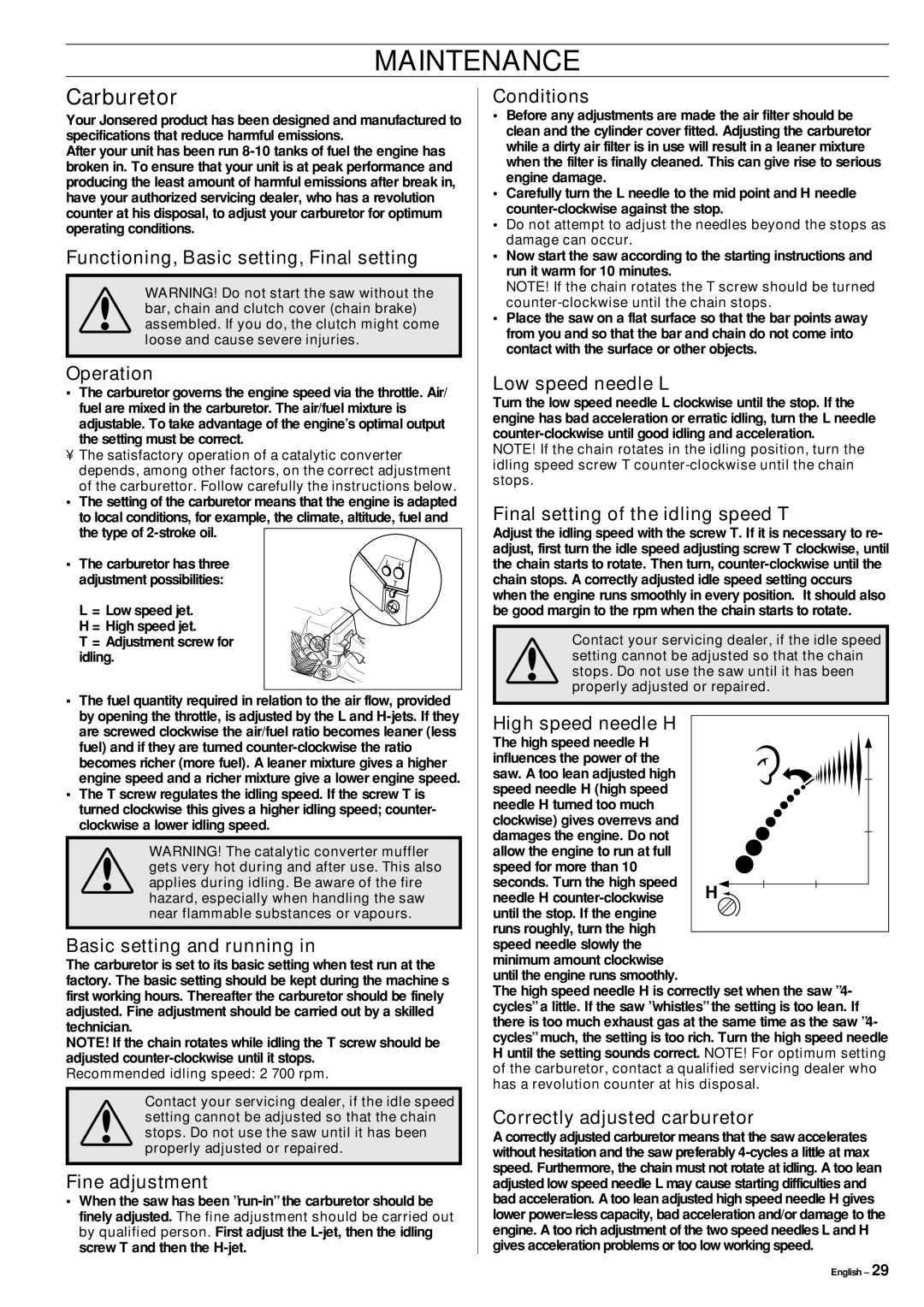 Jonsered cs 2159 manual Maintenance, Carburetor 