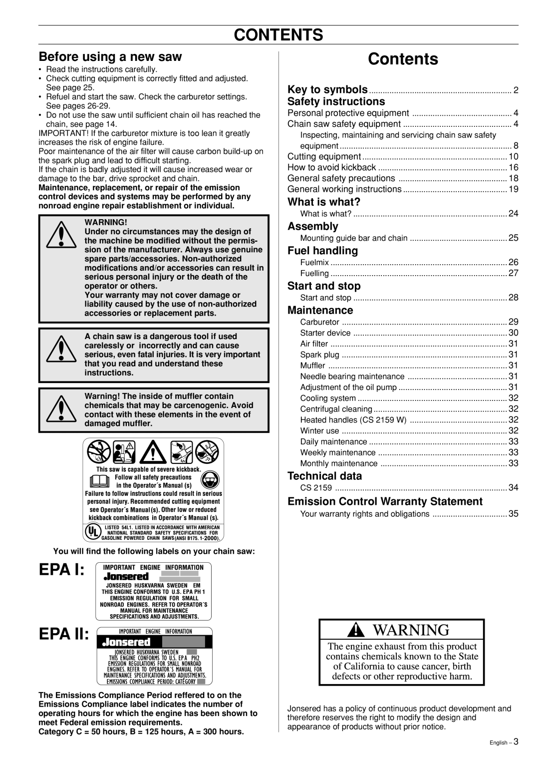 Jonsered cs 2159 manual Contents 