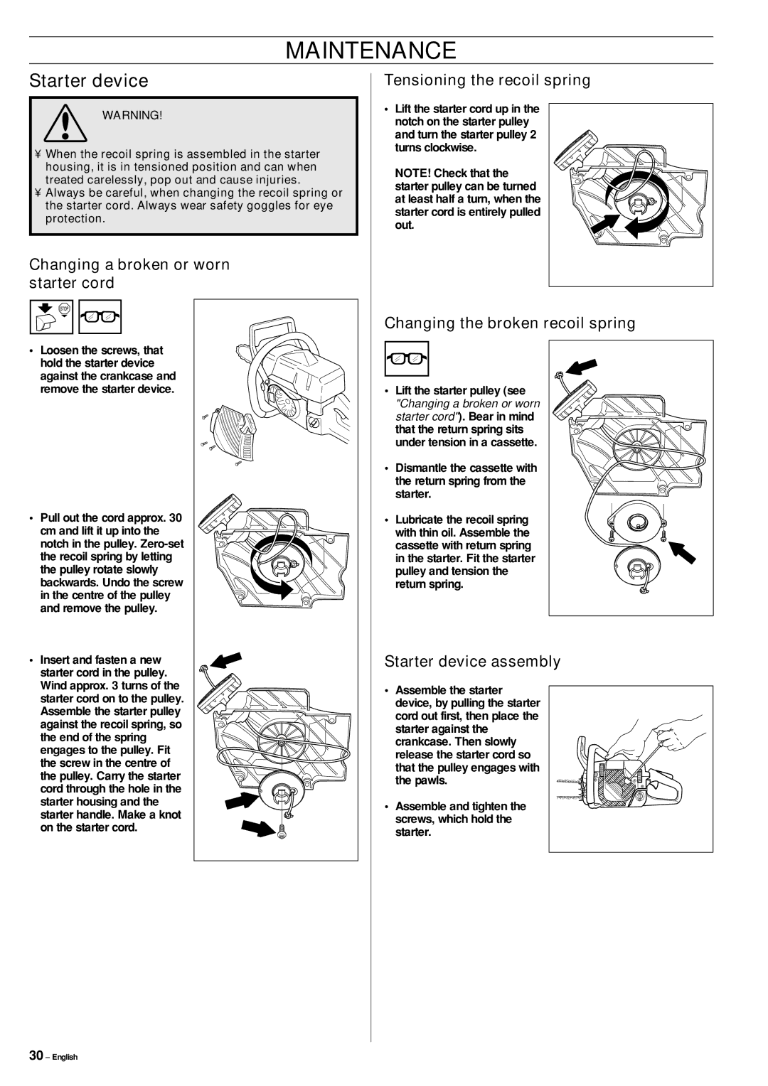 Jonsered cs 2159 manual Starter device, Changing a broken or worn starter cord, Tensioning the recoil spring 