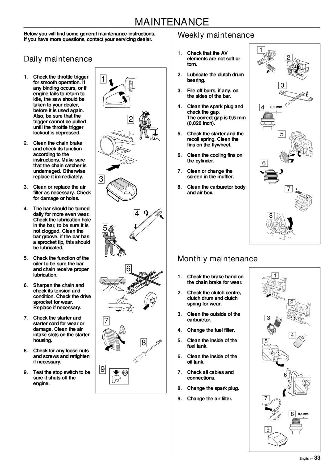 Jonsered cs 2159 manual Weekly maintenance Daily maintenance, Monthly maintenance 