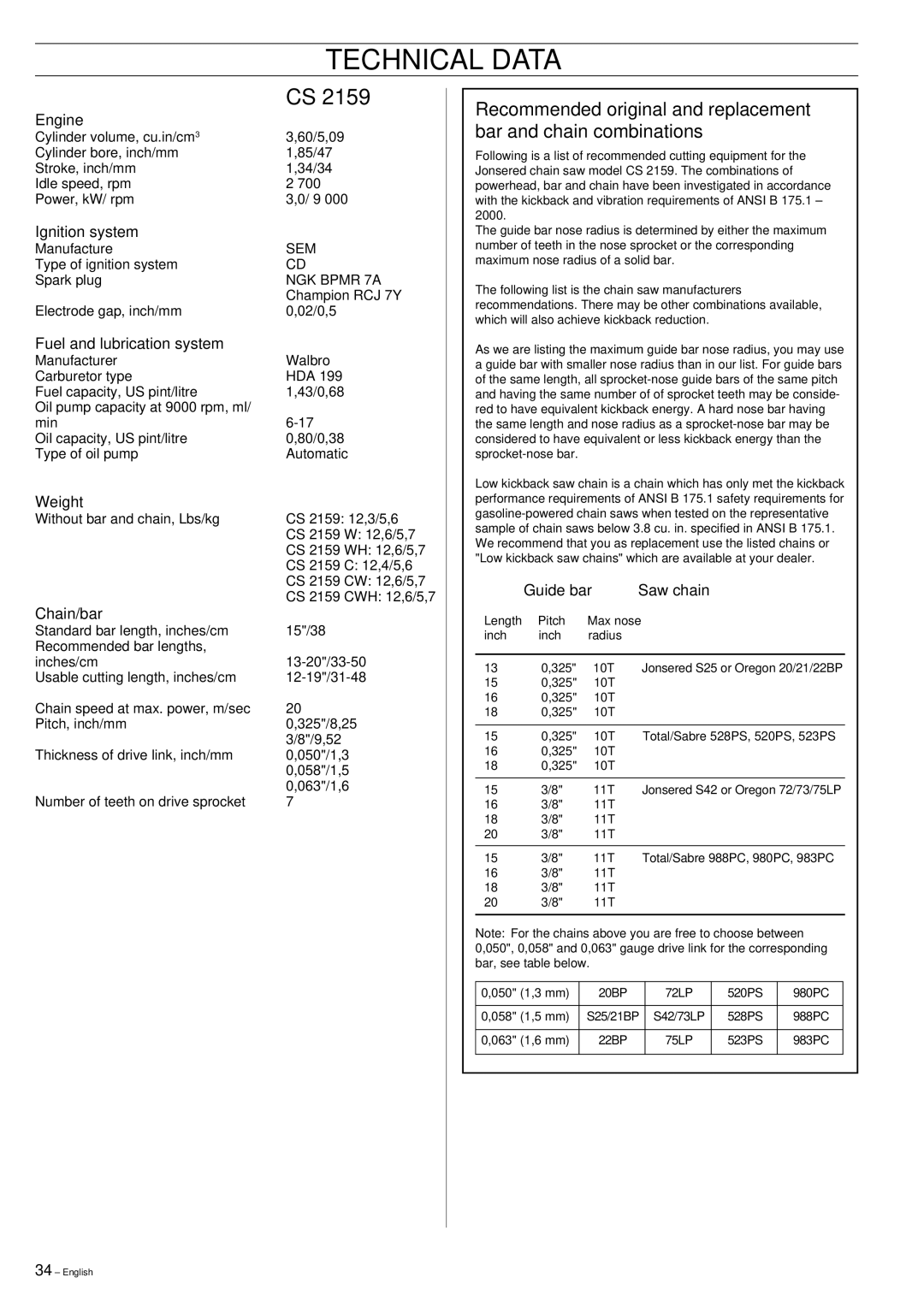 Jonsered cs 2159 manual Technical Data 