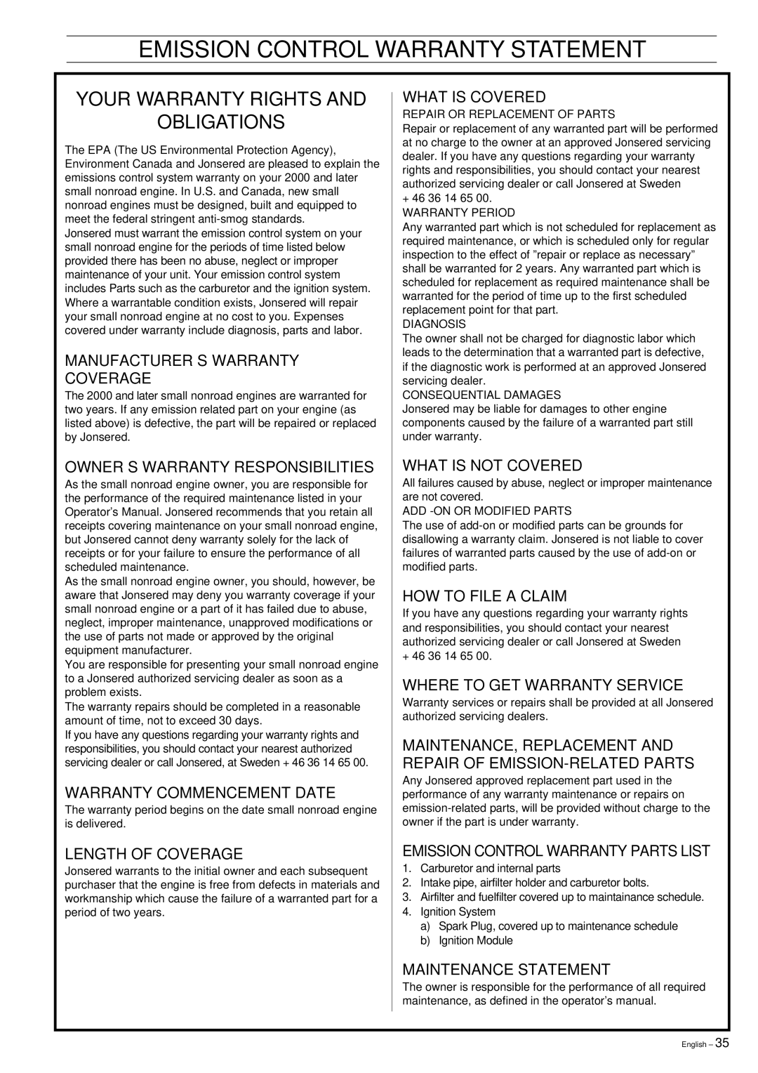 Jonsered cs 2159 manual Emission Control Warranty Statement, + 46 36 14 65 00. Warranty Period 