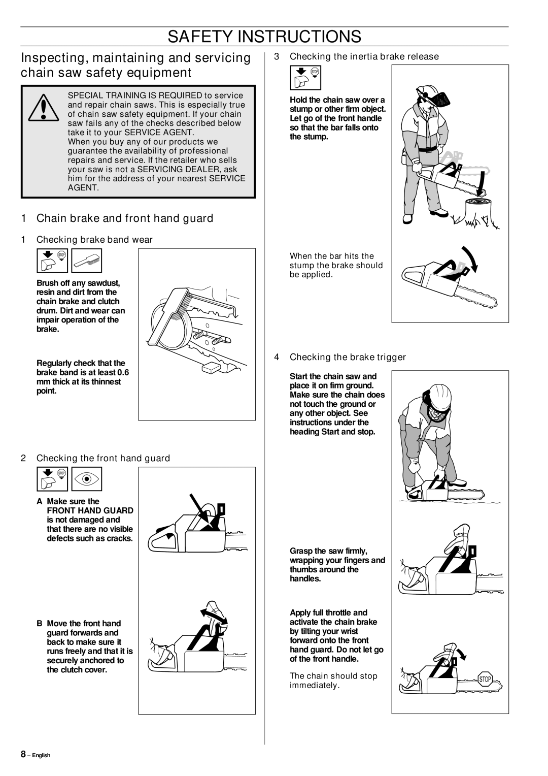 Jonsered cs 2159 manual Checking brake band wear, Checking the front hand guard, Checking the inertia brake release 