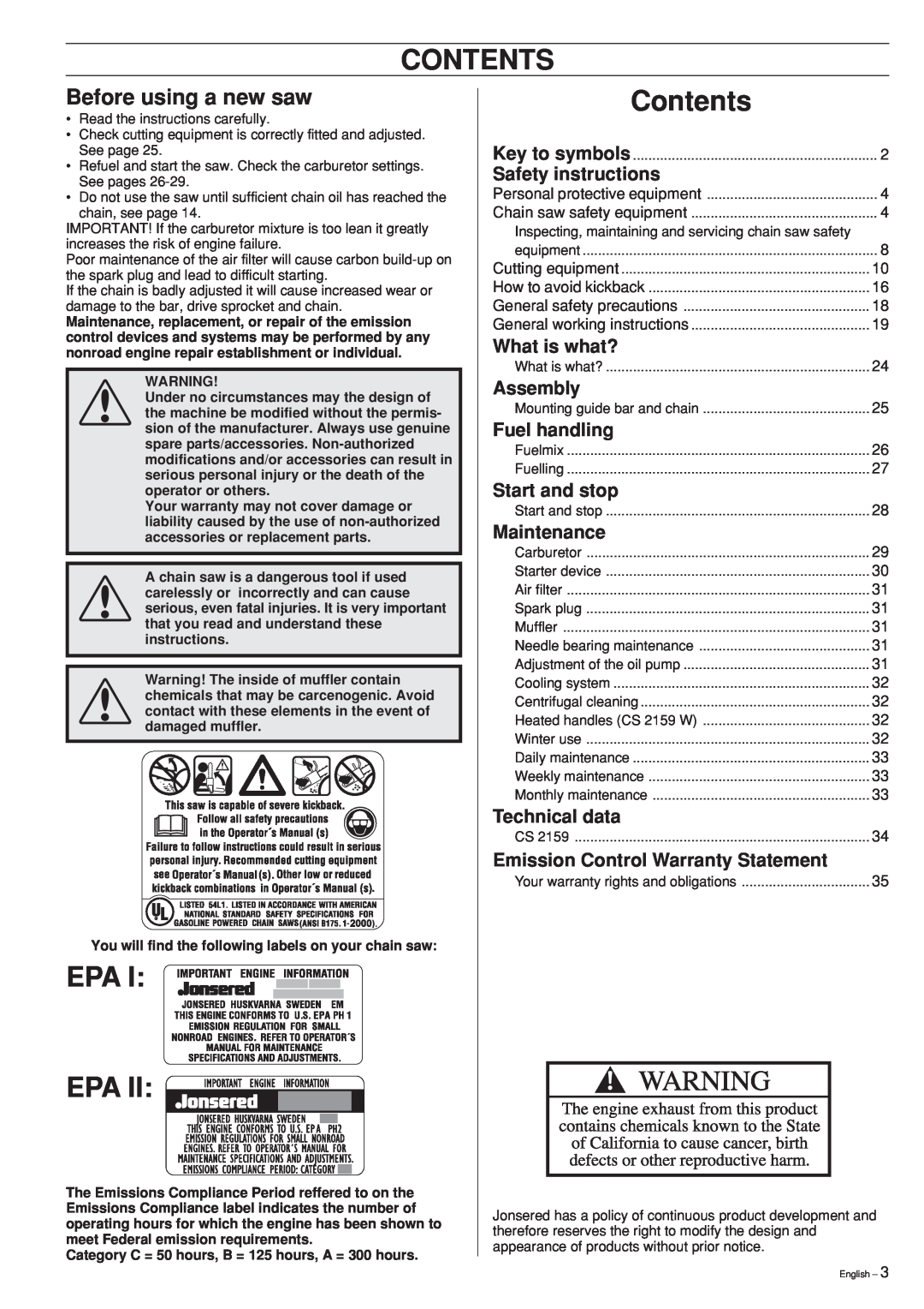 Jonsered cs 2159 Contents, Epa Epa, Before using a new saw, Safety instructions, What is what?, Assembly, Fuel handling 