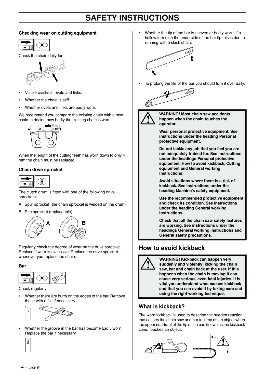 Jonsered CS 2171WH How to avoid kickback, What is kickback?, Checking wear on cutting equipment, Chain drive sprocket 