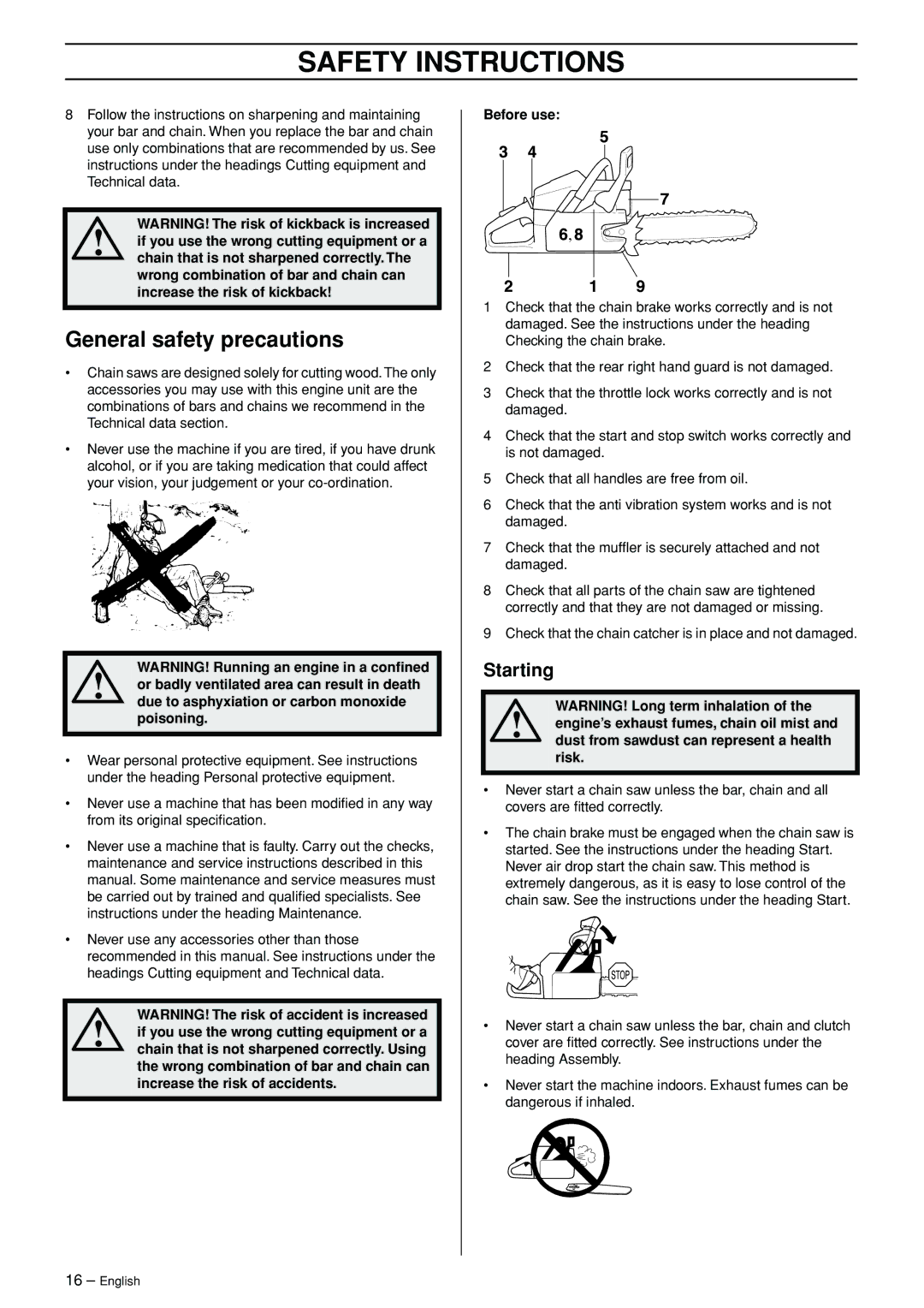 Jonsered CS 2171WH manual General safety precautions, Starting 