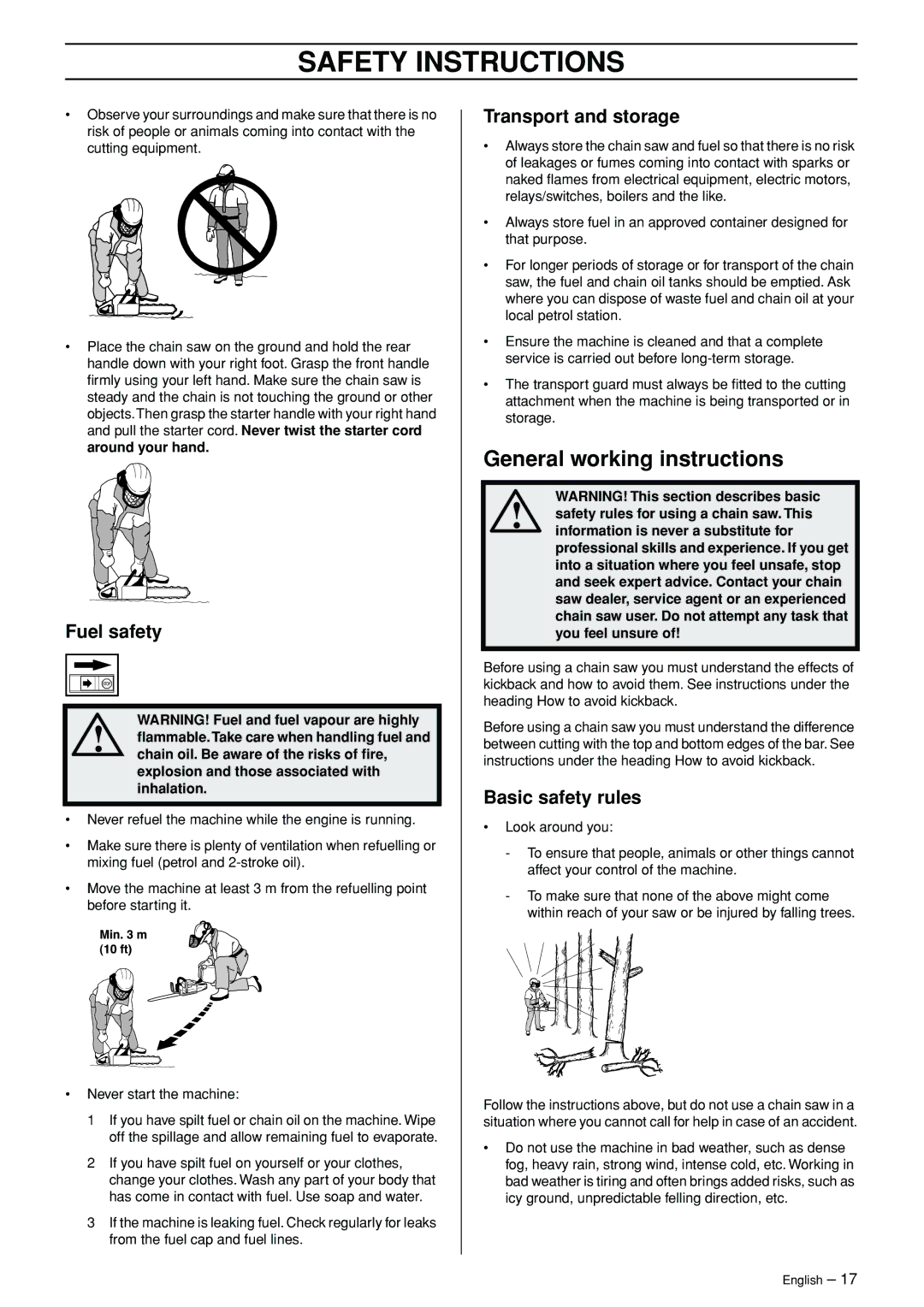 Jonsered CS 2171WH manual General working instructions, Fuel safety, Transport and storage, Basic safety rules 