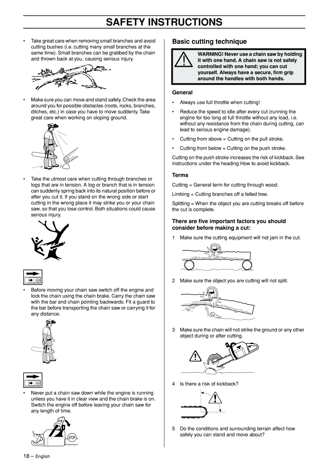 Jonsered CS 2171WH manual Basic cutting technique, General, Terms 