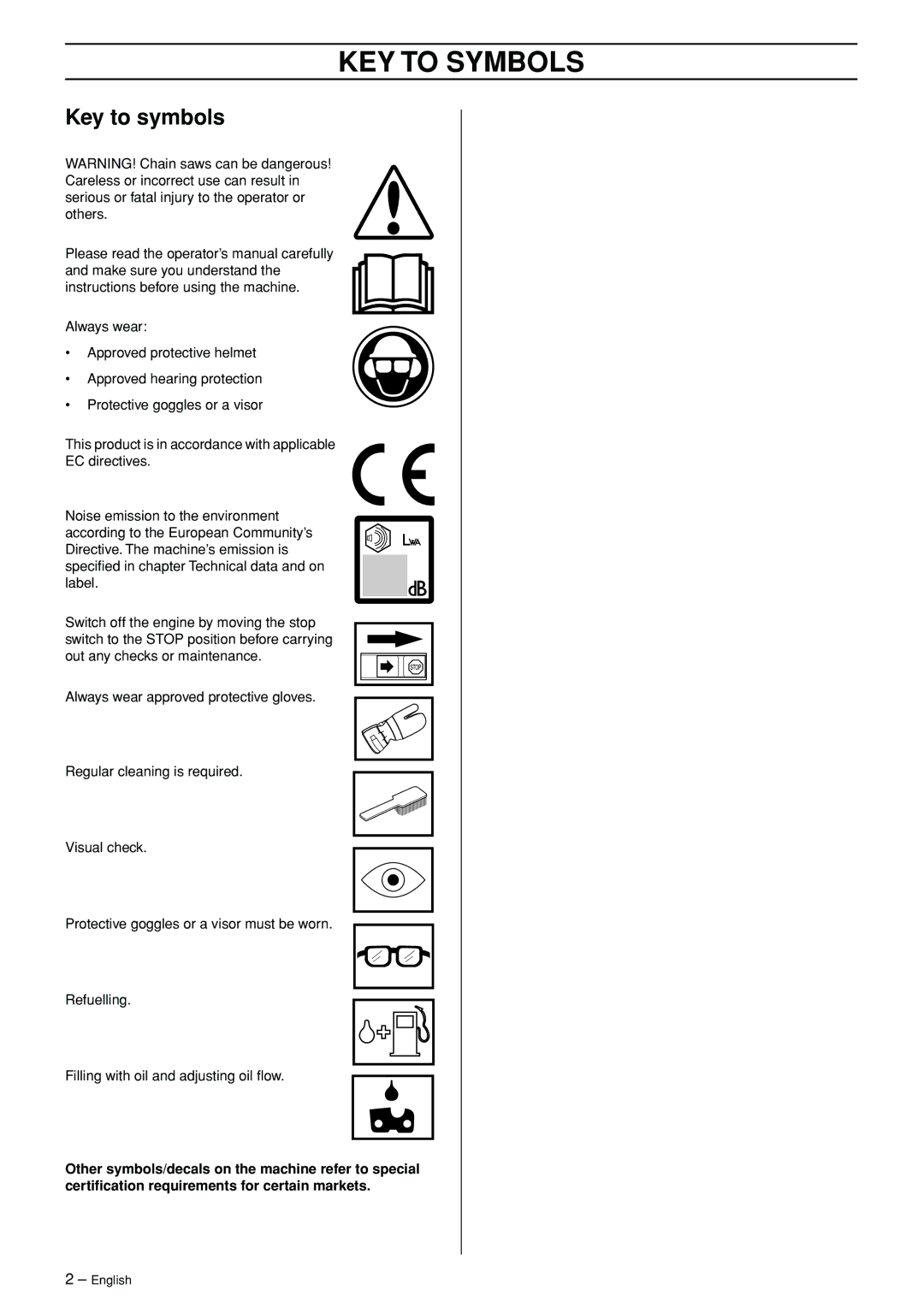 Jonsered CS 2171WH manual KEY to Symbols, Key to symbols 