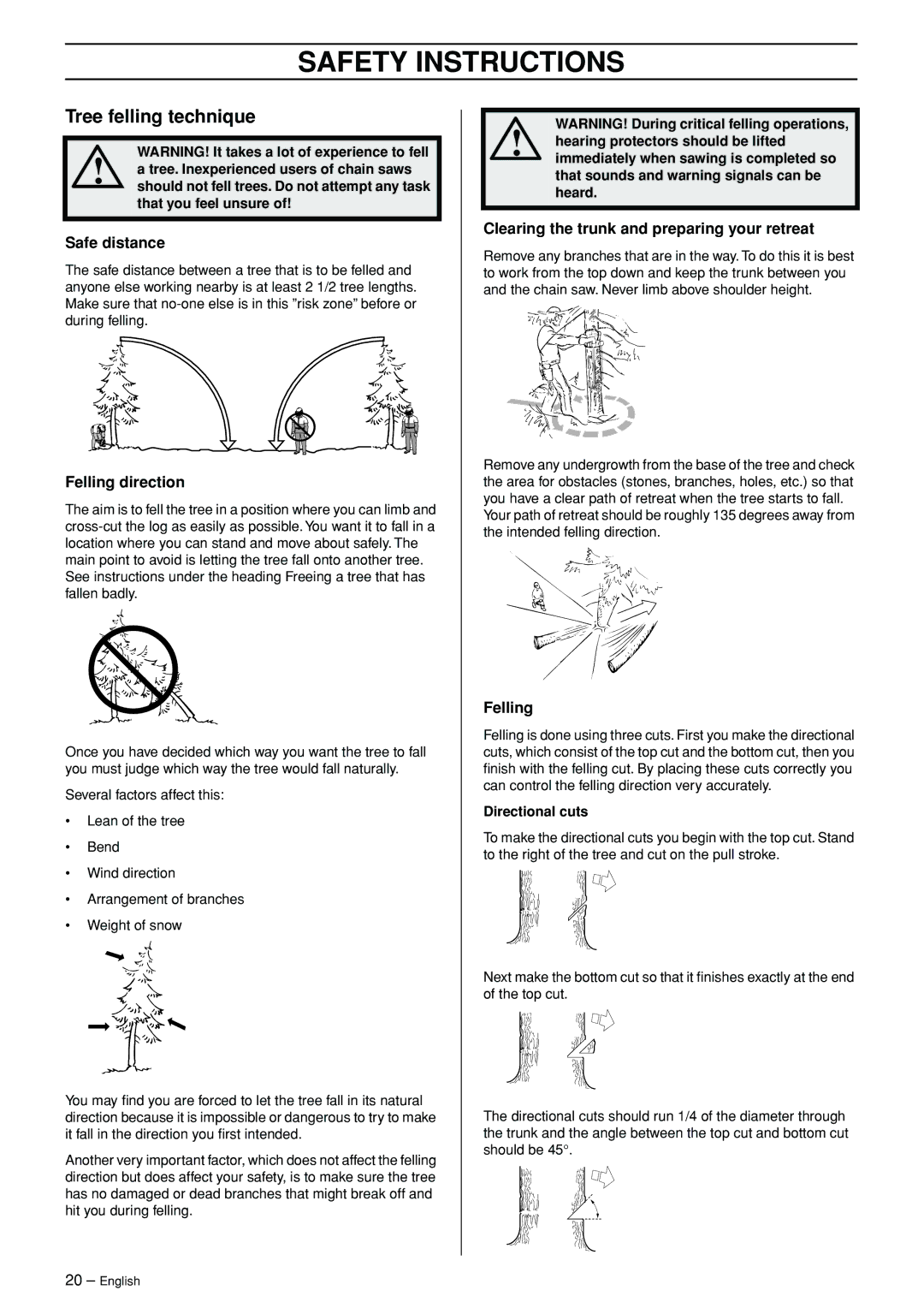 Jonsered CS 2171WH Tree felling technique, Safe distance, Felling direction, Clearing the trunk and preparing your retreat 