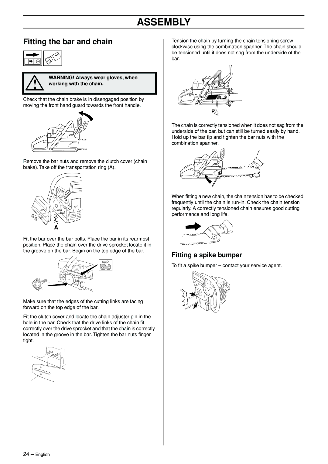Jonsered CS 2171WH manual Assembly, Fitting the bar and chain, Fitting a spike bumper, Working with the chain 
