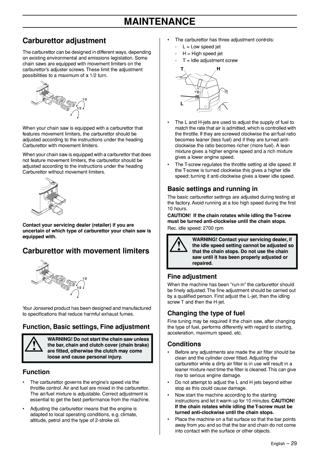 Jonsered CS 2171WH manual Maintenance, Carburettor adjustment, Carburettor with movement limiters 