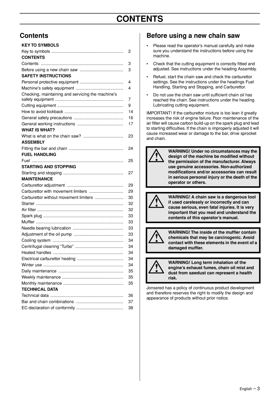 Jonsered CS 2171WH manual Contents 