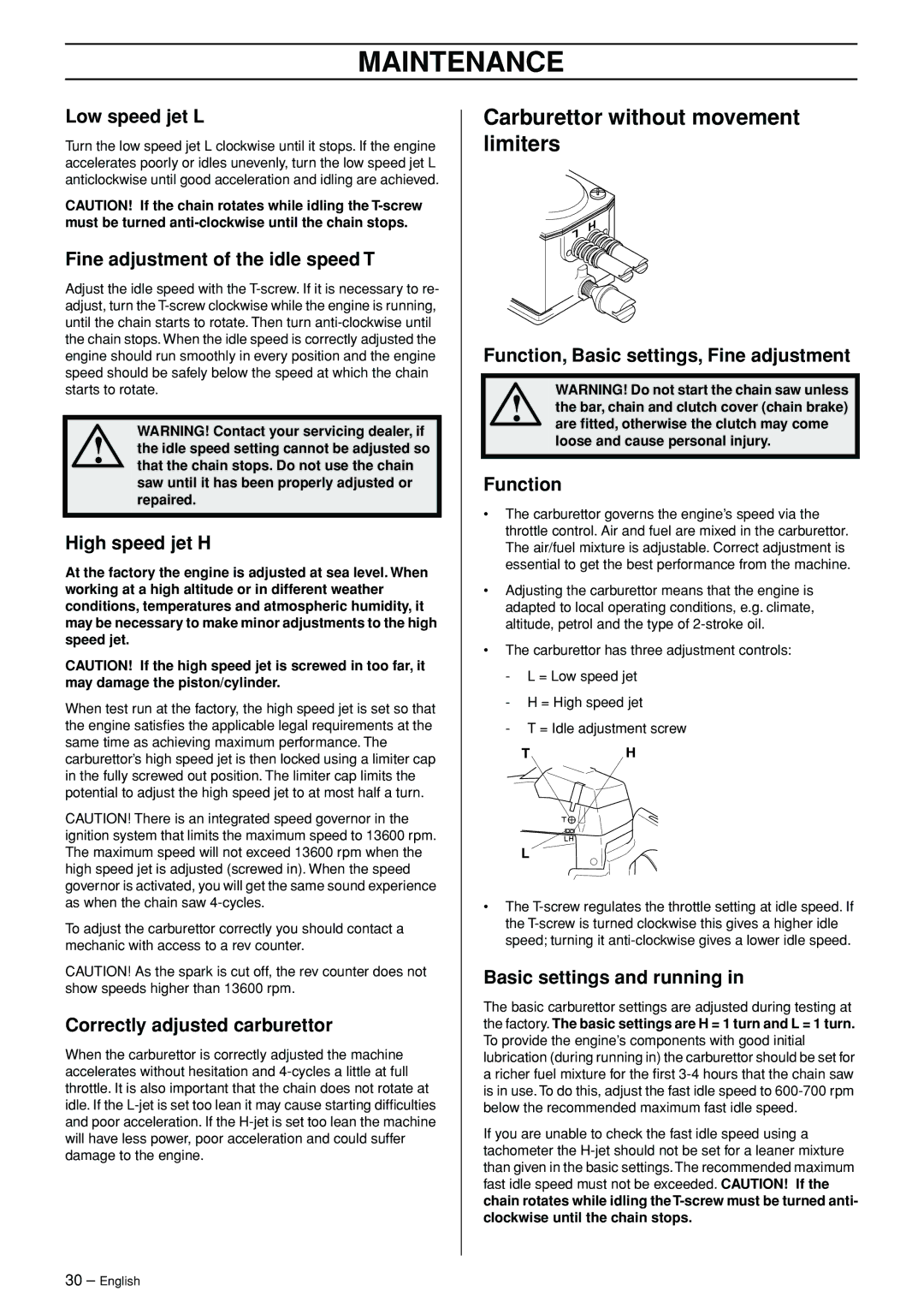 Jonsered CS 2171WH manual Carburettor without movement limiters, Low speed jet L, Fine adjustment of the idle speed T 