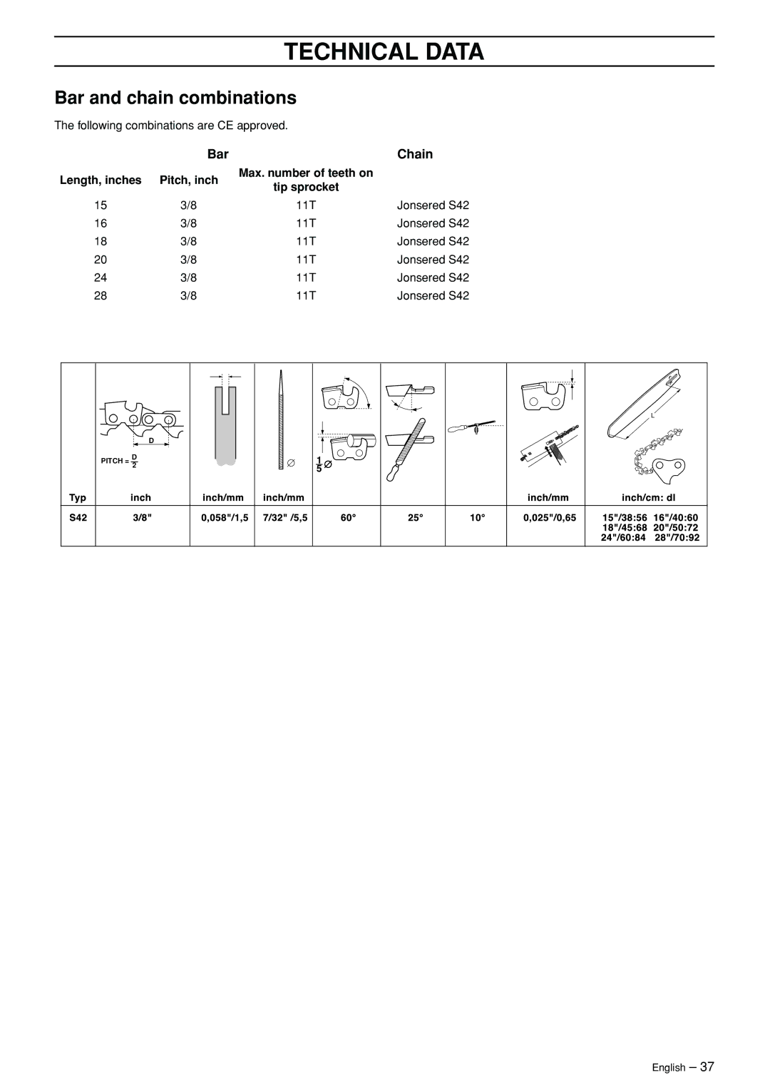 Jonsered CS 2171WH manual Bar and chain combinations, Bar Chain, Length, inches Pitch, inch Max. number of teeth on 