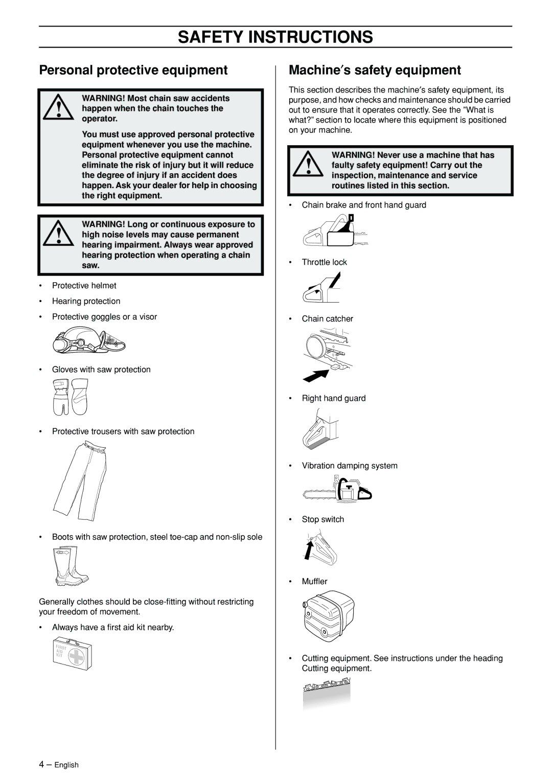 Jonsered CS 2171WH manual Safety Instructions, Personal protective equipment, Machine′s safety equipment 