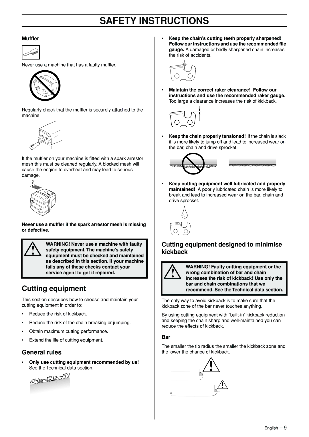 Jonsered CS 2171WH manual General rules, Cutting equipment designed to minimise kickback, Mufﬂer, Bar 