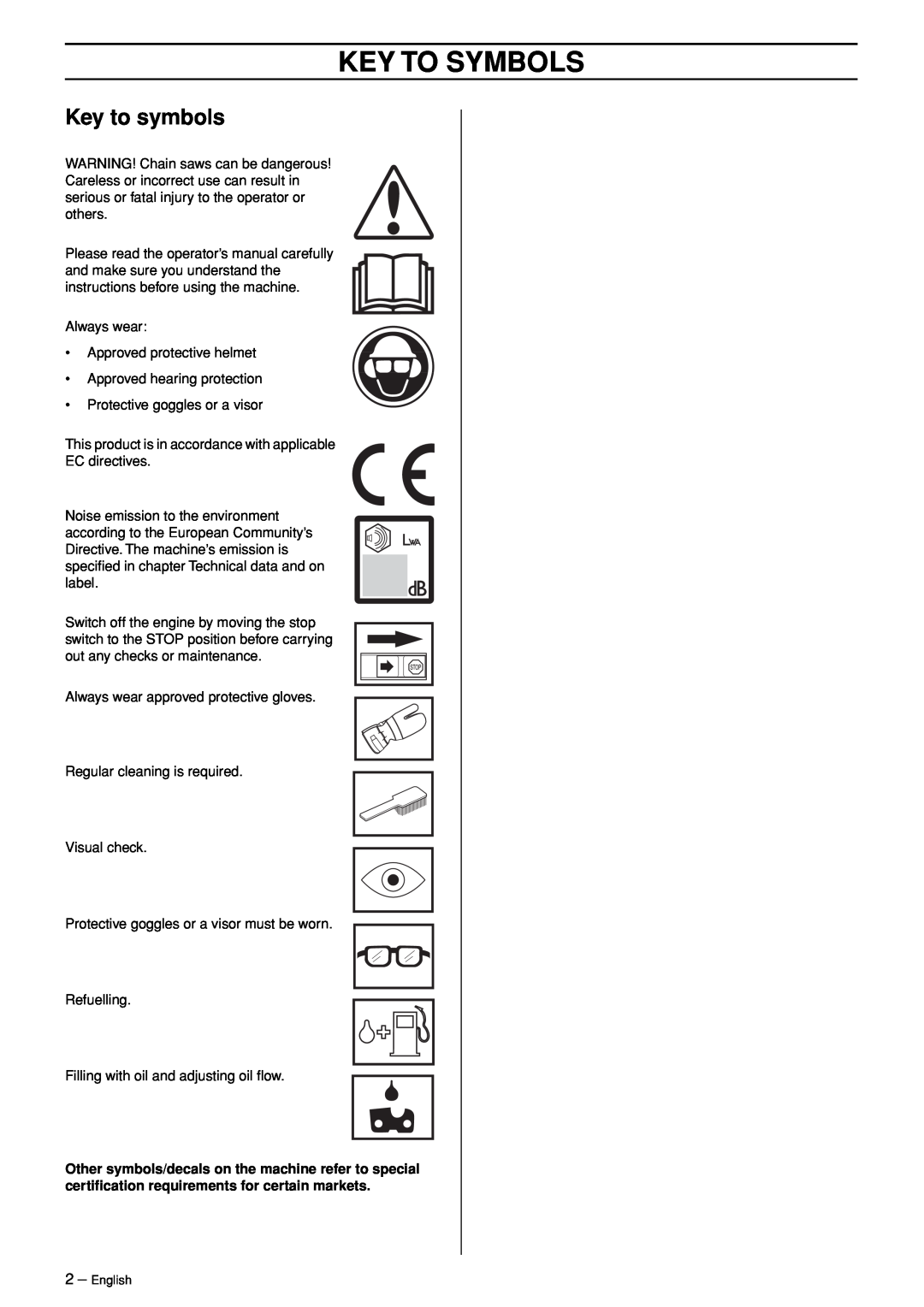 Jonsered CS 2171WH manual Key To Symbols, Key to symbols 