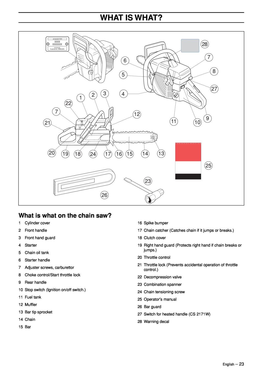 Jonsered CS 2171WH manual What Is What?, What is what on the chain saw? 