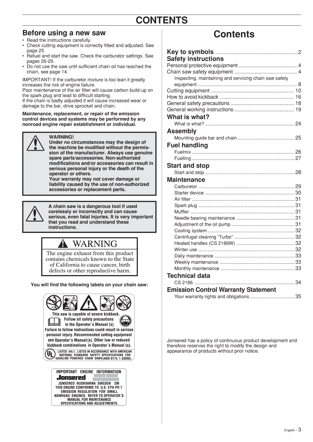 Jonsered CS 2186 manual Contents 