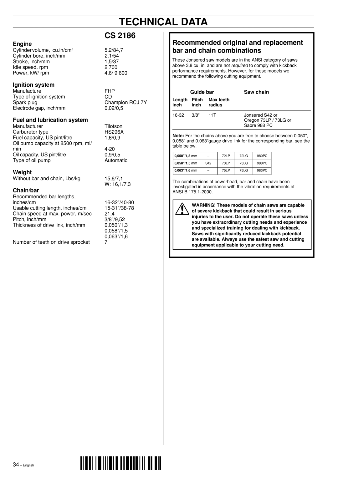 Jonsered CS 2186 manual Technical Data 