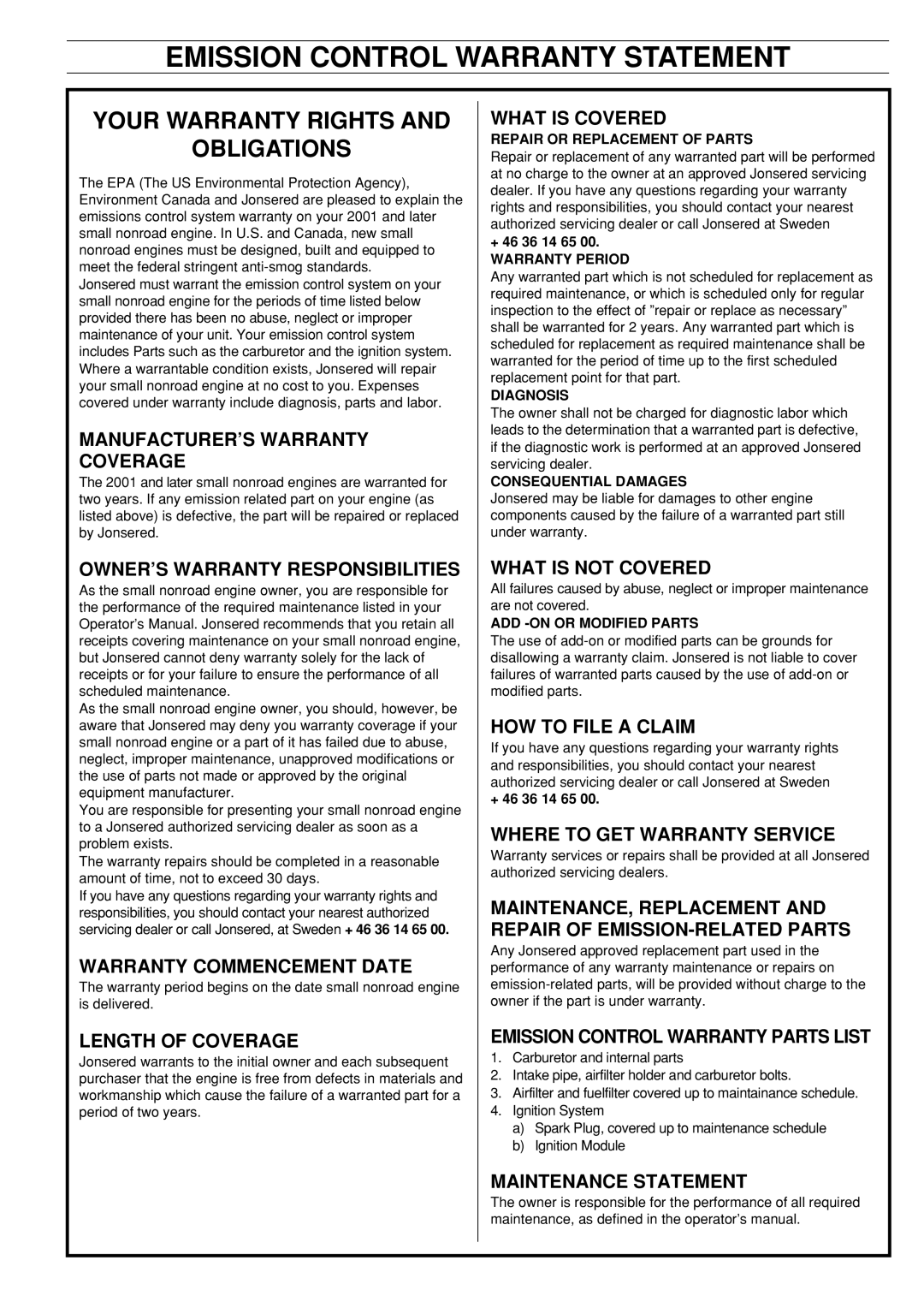 Jonsered CS 2186 manual Emission Control Warranty Statement, + 46 36 14 65 00. Warranty Period 