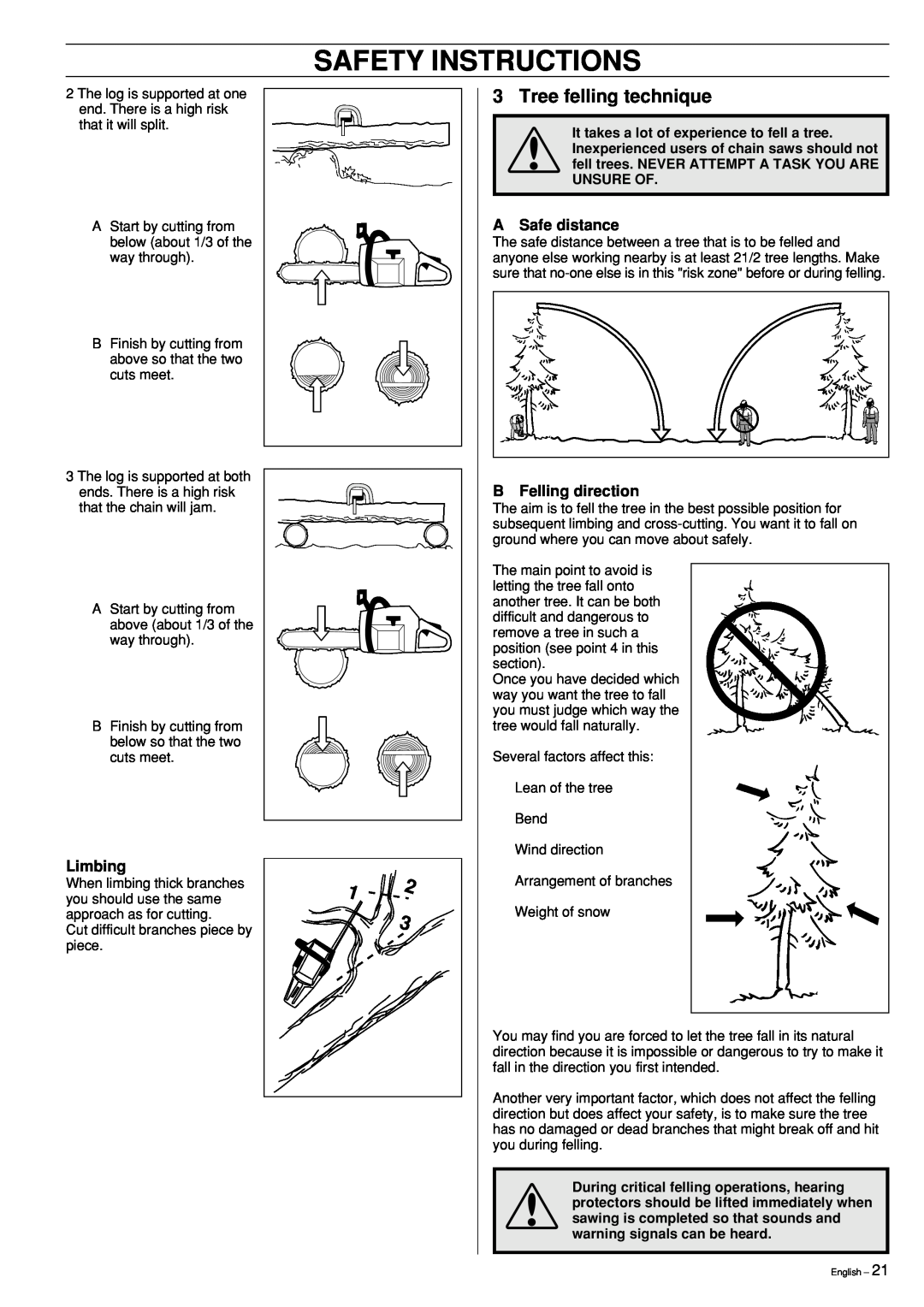 Jonsered CS 2186 manual Tree felling technique, A Safe distance, Limbing, B Felling direction, Safety Instructions 