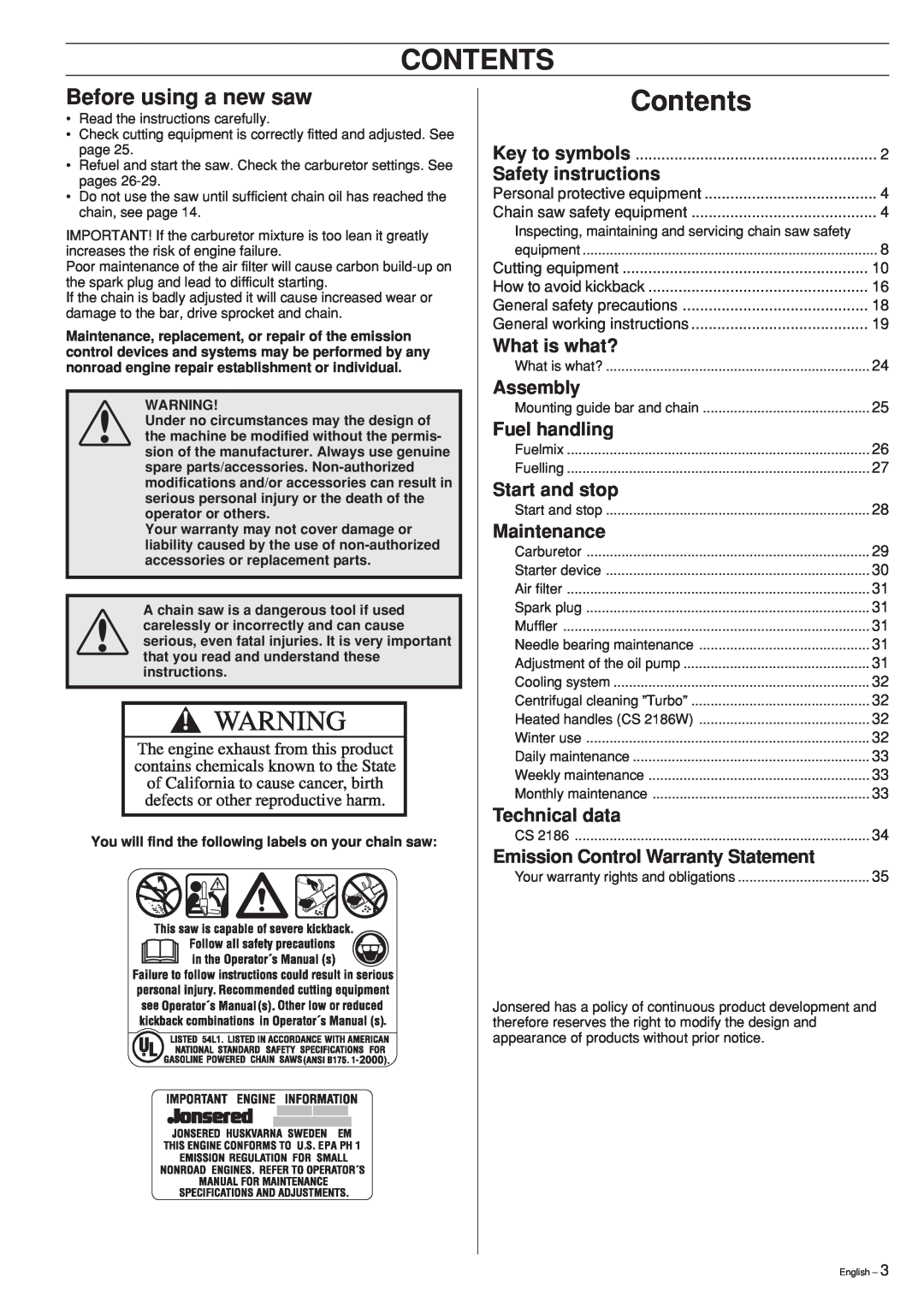 Jonsered CS 2186 manual Contents, Before using a new saw, Safety instructions, What is what?, Assembly, Fuel handling 