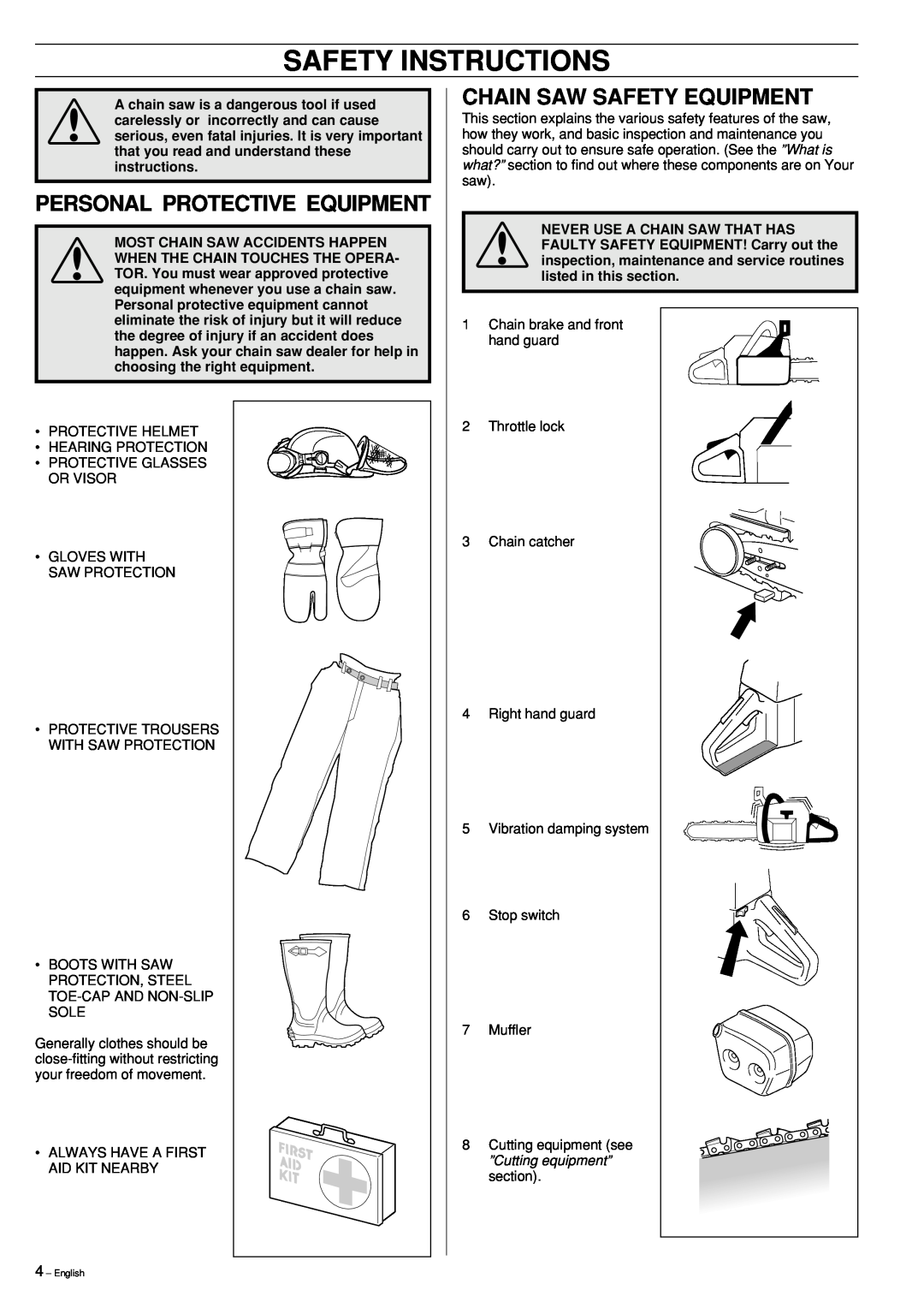 Jonsered CS 2186 manual Safety Instructions, Personal Protective Equipment, Chain Saw Safety Equipment 