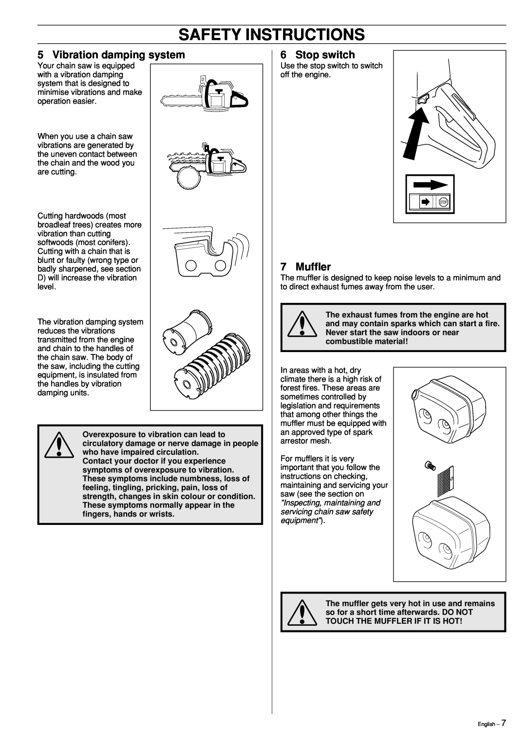 Jonsered CS 2186 manual Vibration damping system, Stop switch, Muffler, Safety Instructions 