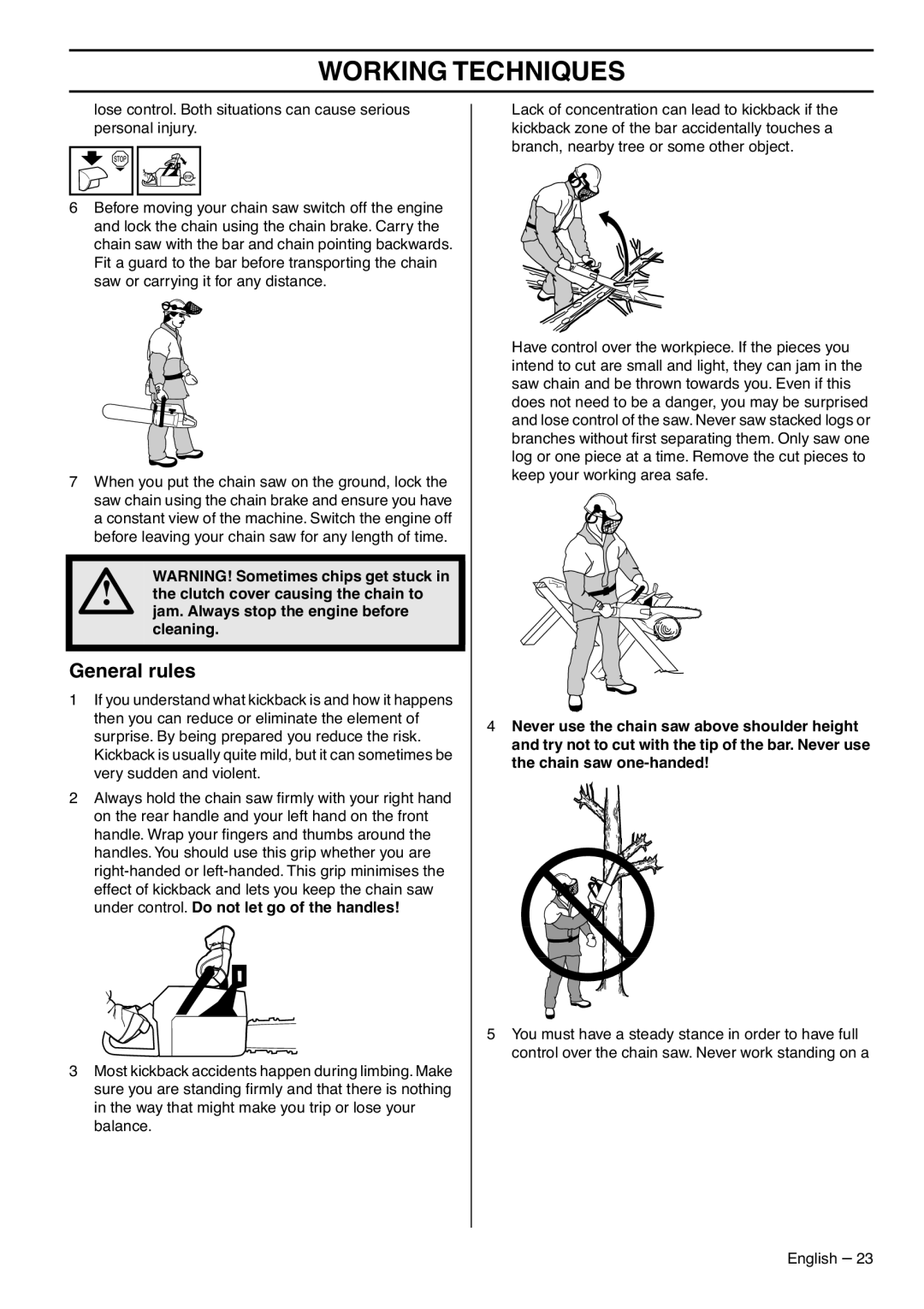 Jonsered CS 2188 manual General rules, Jam. Always stop the engine before cleaning 