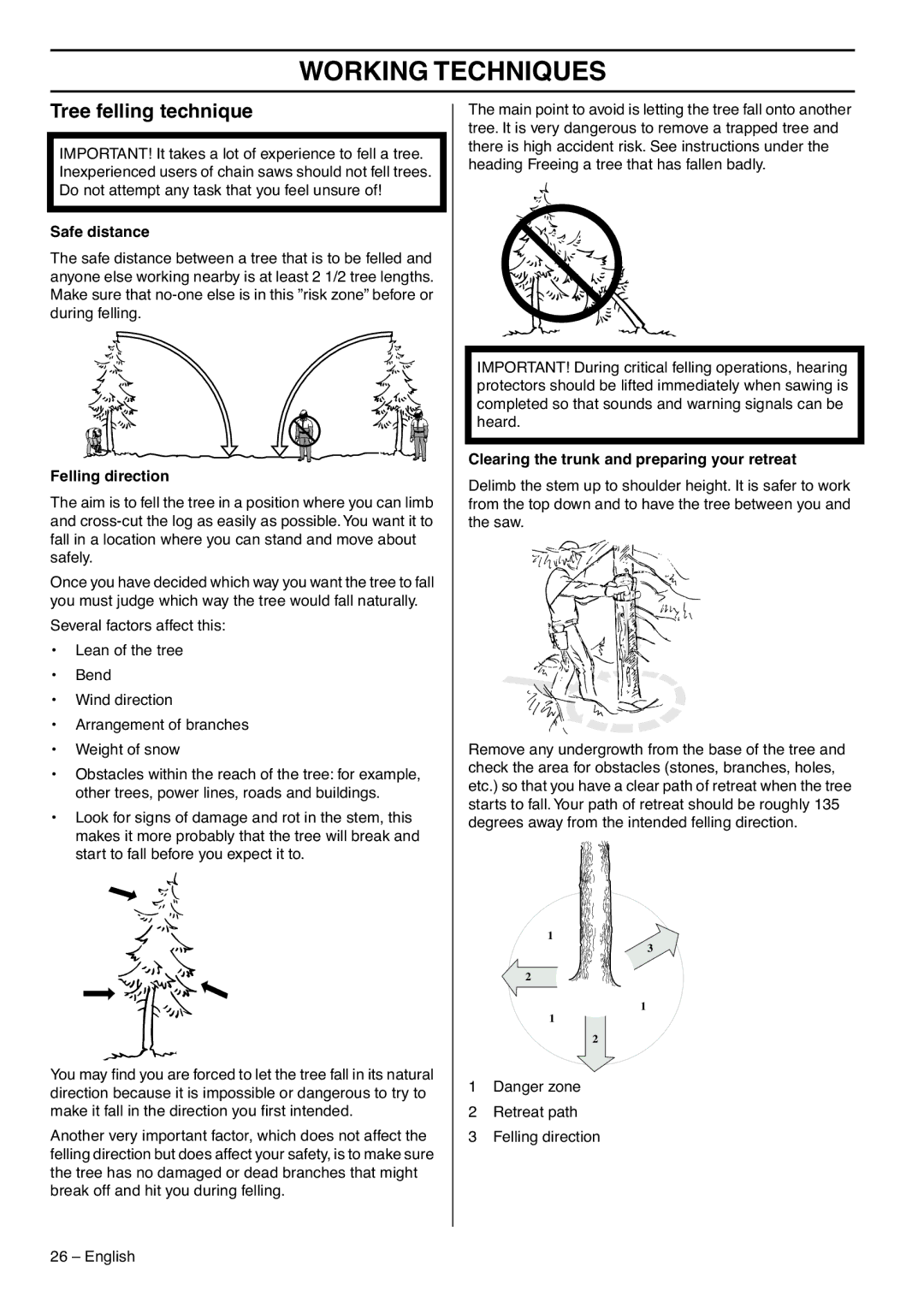 Jonsered CS 2188 Tree felling technique, Safe distance, Felling direction, Clearing the trunk and preparing your retreat 