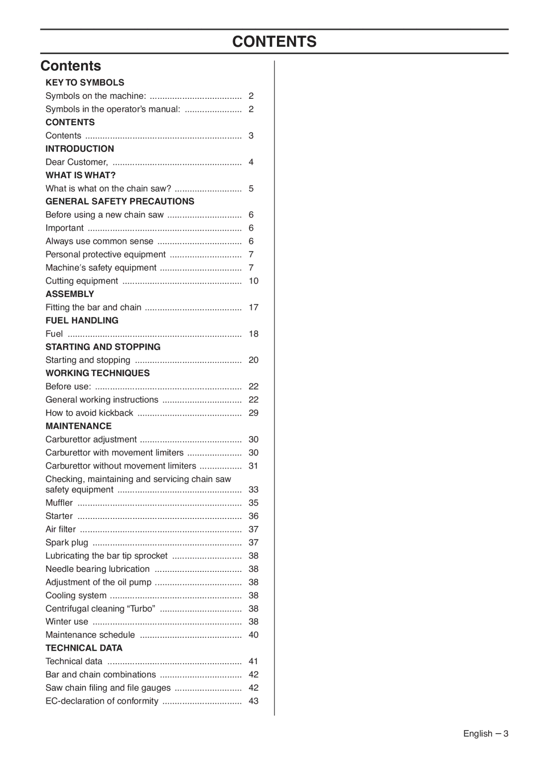 Jonsered CS 2188 manual Contents 