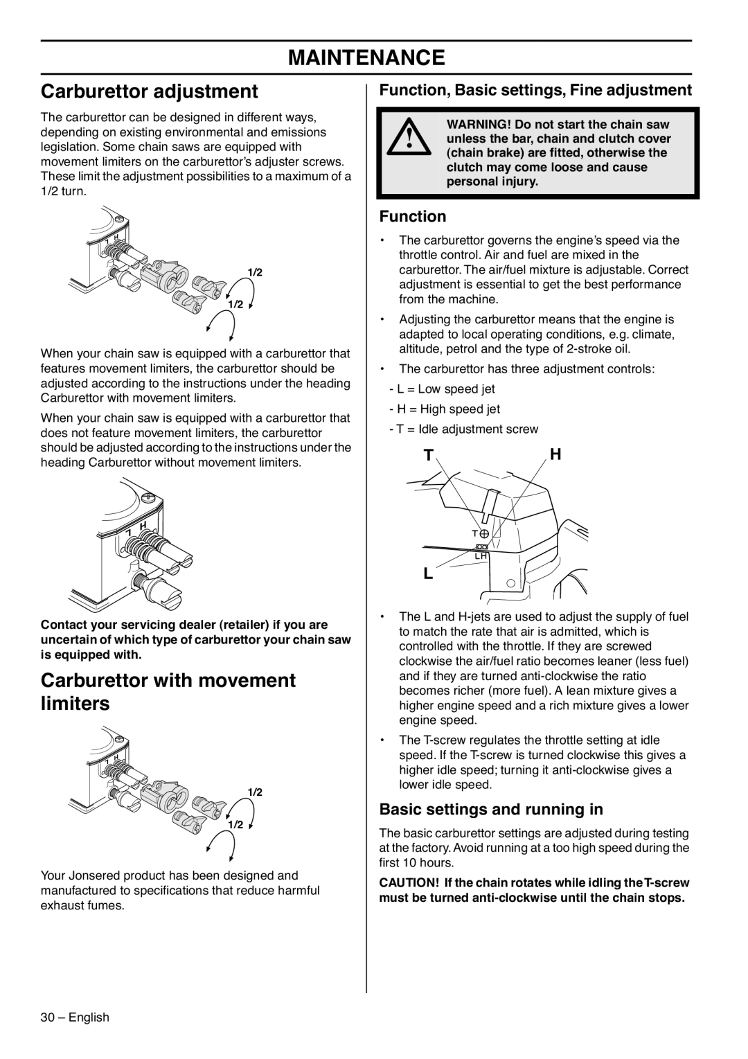 Jonsered CS 2188 manual Maintenance, Carburettor adjustment, Carburettor with movement limiters 