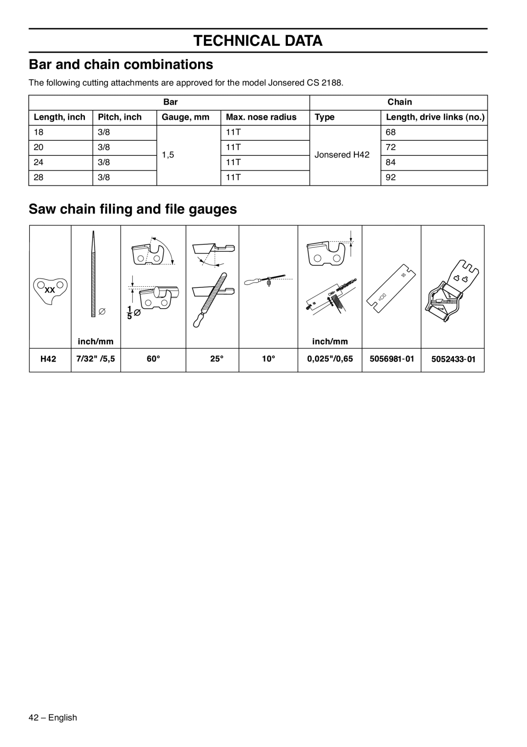 Jonsered CS 2188 manual Bar and chain combinations, Saw chain ﬁling and ﬁle gauges 