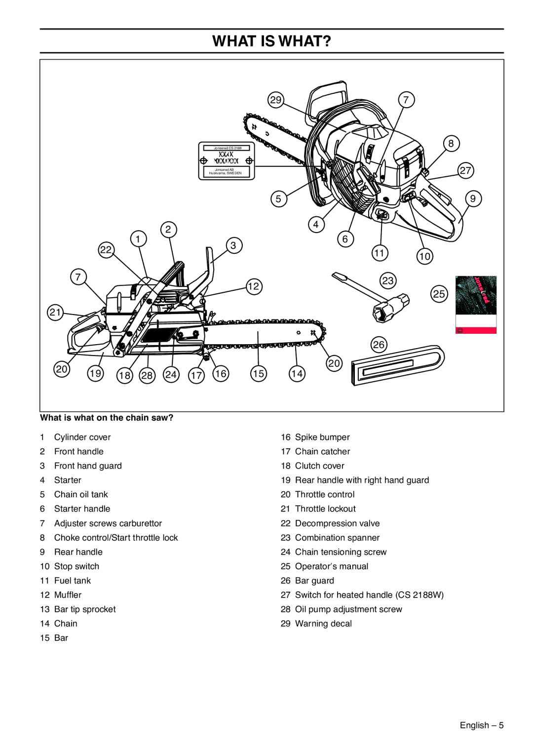 Jonsered CS 2188 manual What is WHAT?, What is what on the chain saw? 