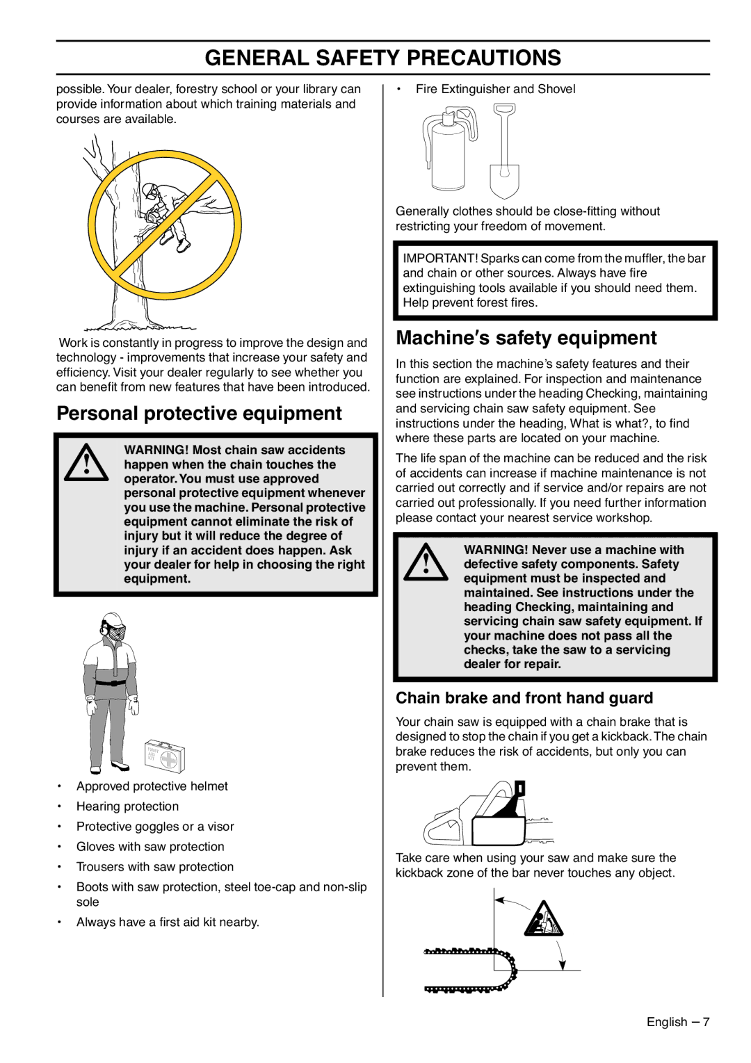 Jonsered CS 2188 manual Personal protective equipment, Machine′s safety equipment, Chain brake and front hand guard 