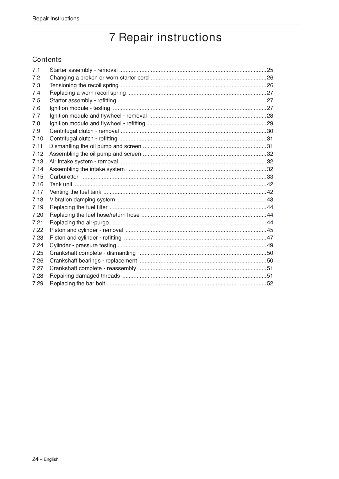 Jonsered CS 2240 manual Repair instructions, Contents 