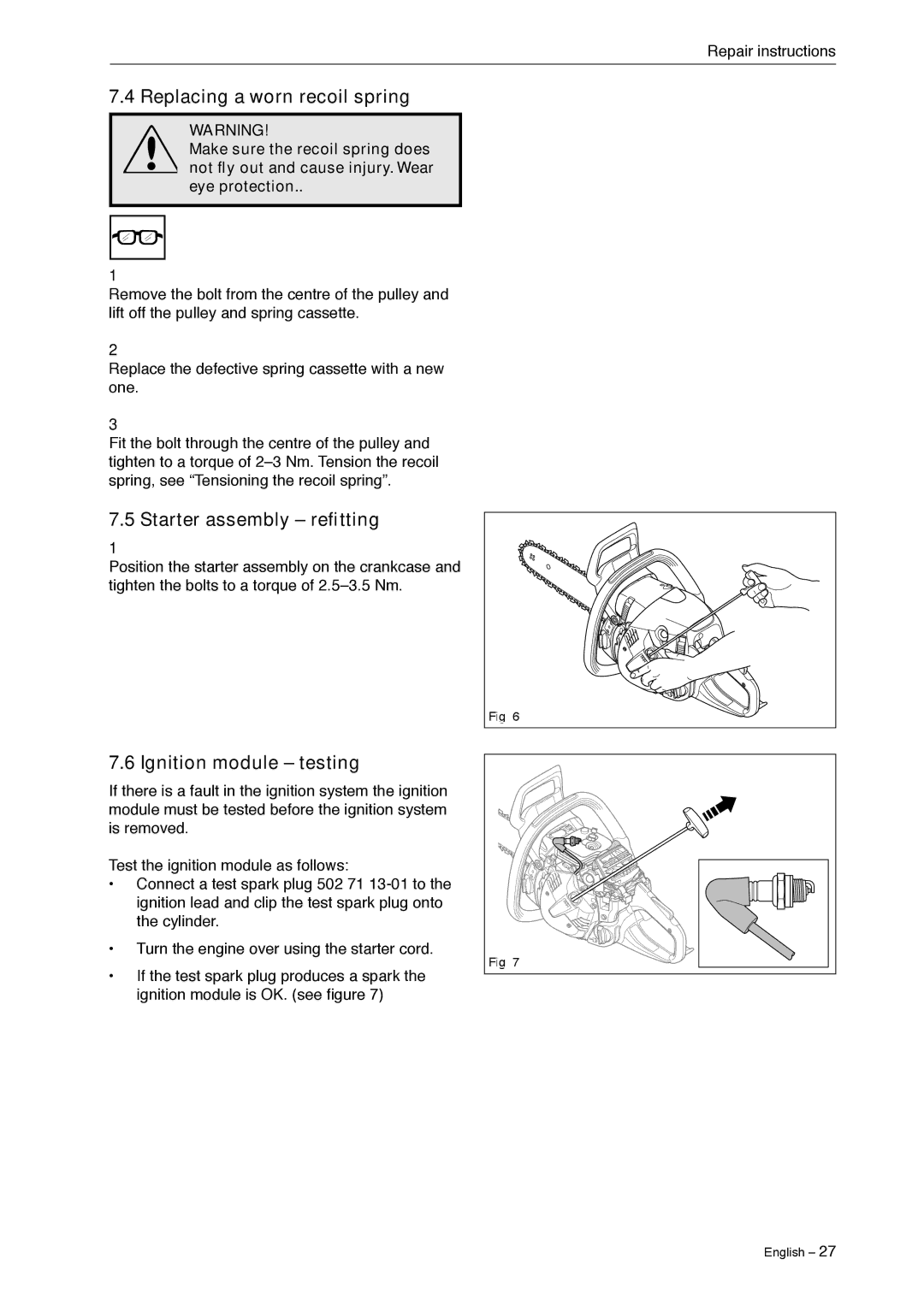 Jonsered CS 2240 manual Replacing a worn recoil spring, Starter assembly refitting, Ignition module testing 