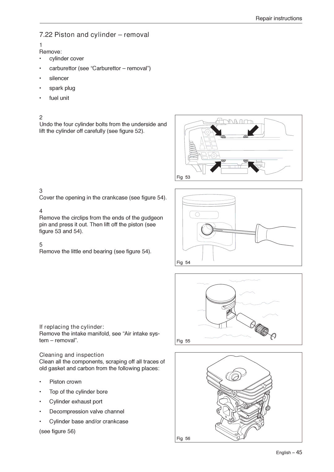 Jonsered CS 2240 manual Piston and cylinder removal, If replacing the cylinder 