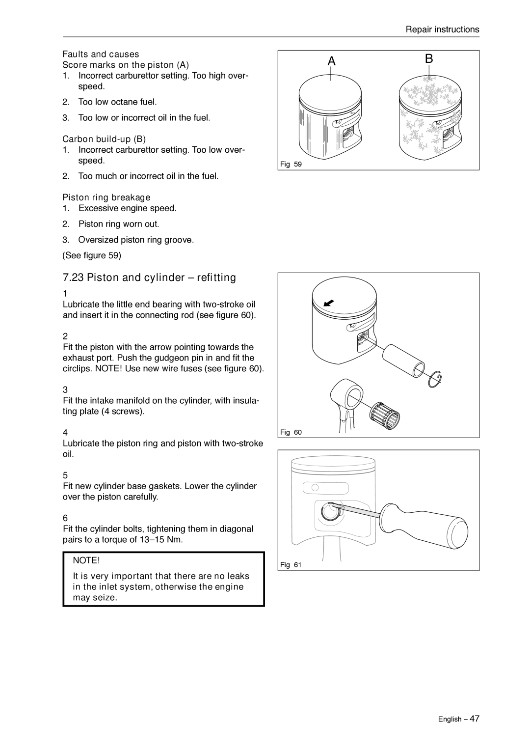 Jonsered CS 2240 manual Piston and cylinder refitting, Faults and causes Score marks on the piston a, Carbon build-up B 