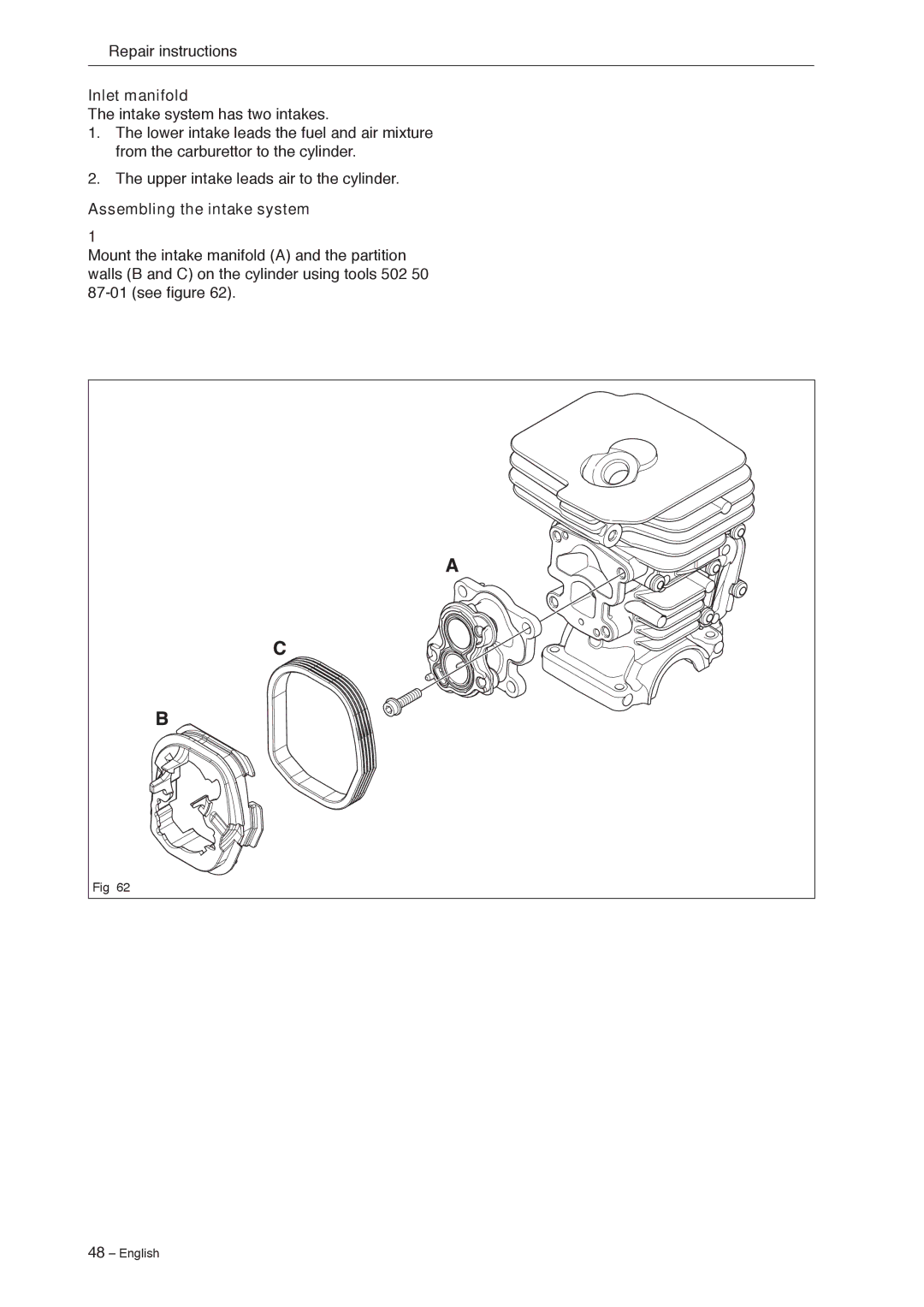 Jonsered CS 2240 manual Inlet manifold, Assembling the intake system 