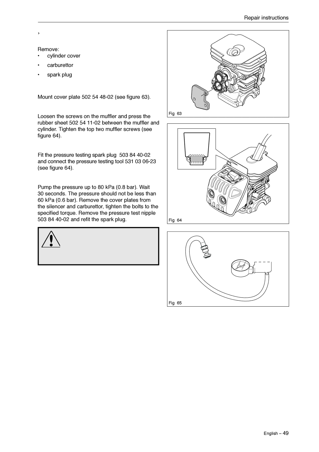 Jonsered CS 2240 manual Cylinder pressure testing 