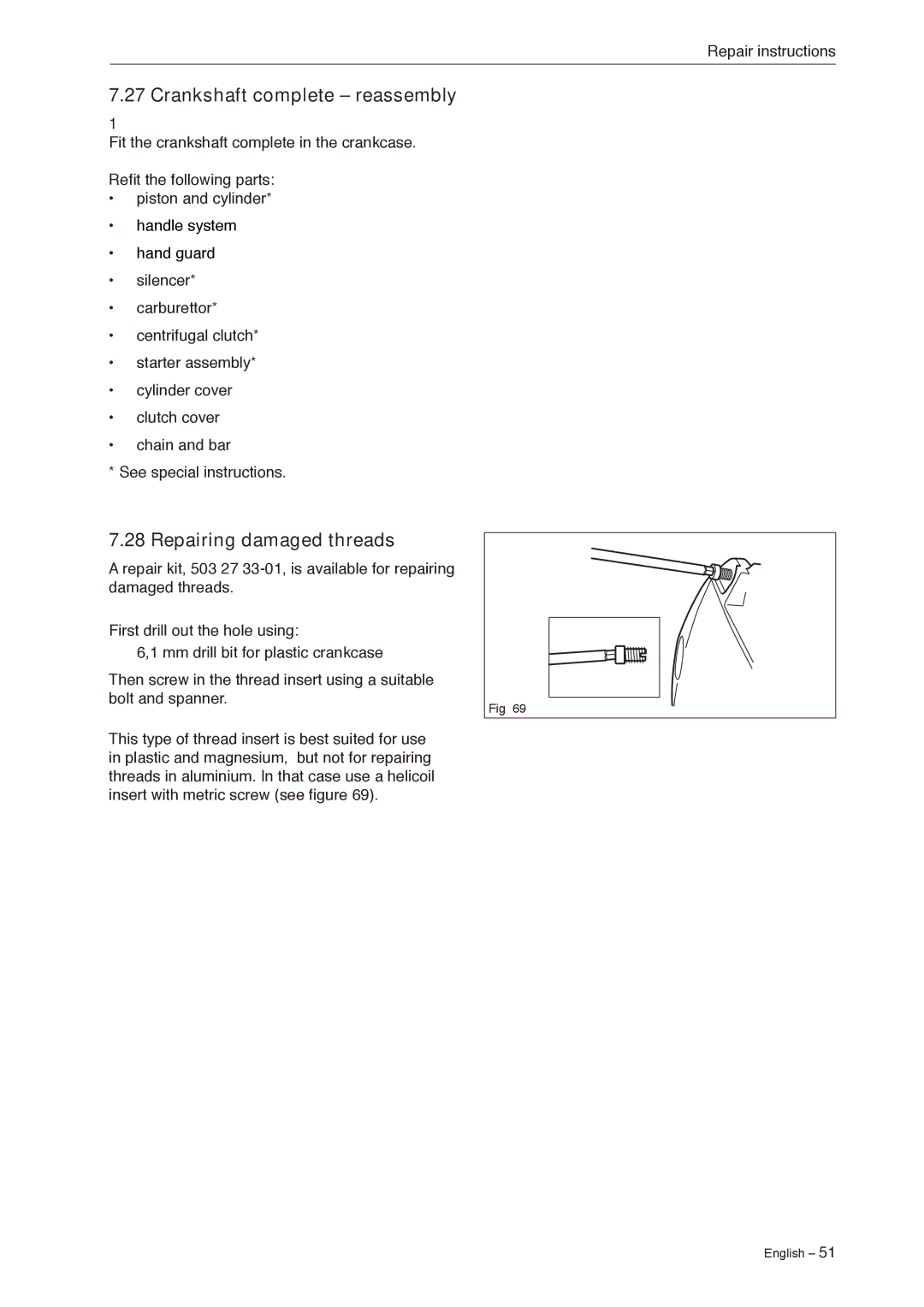 Jonsered CS 2240 manual Crankshaft complete reassembly, Repairing damaged threads 