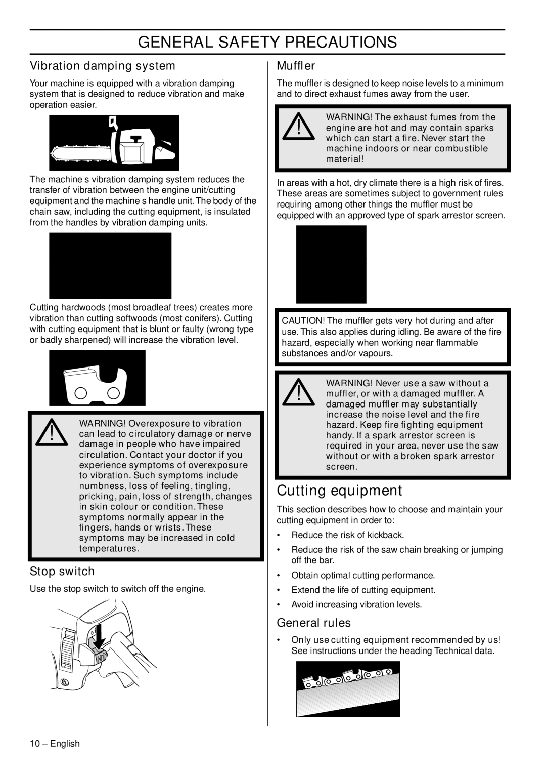 Jonsered CS 2245S, CS 2250S manual Cutting equipment, Vibration damping system, Stop switch, Mufﬂer, General rules 