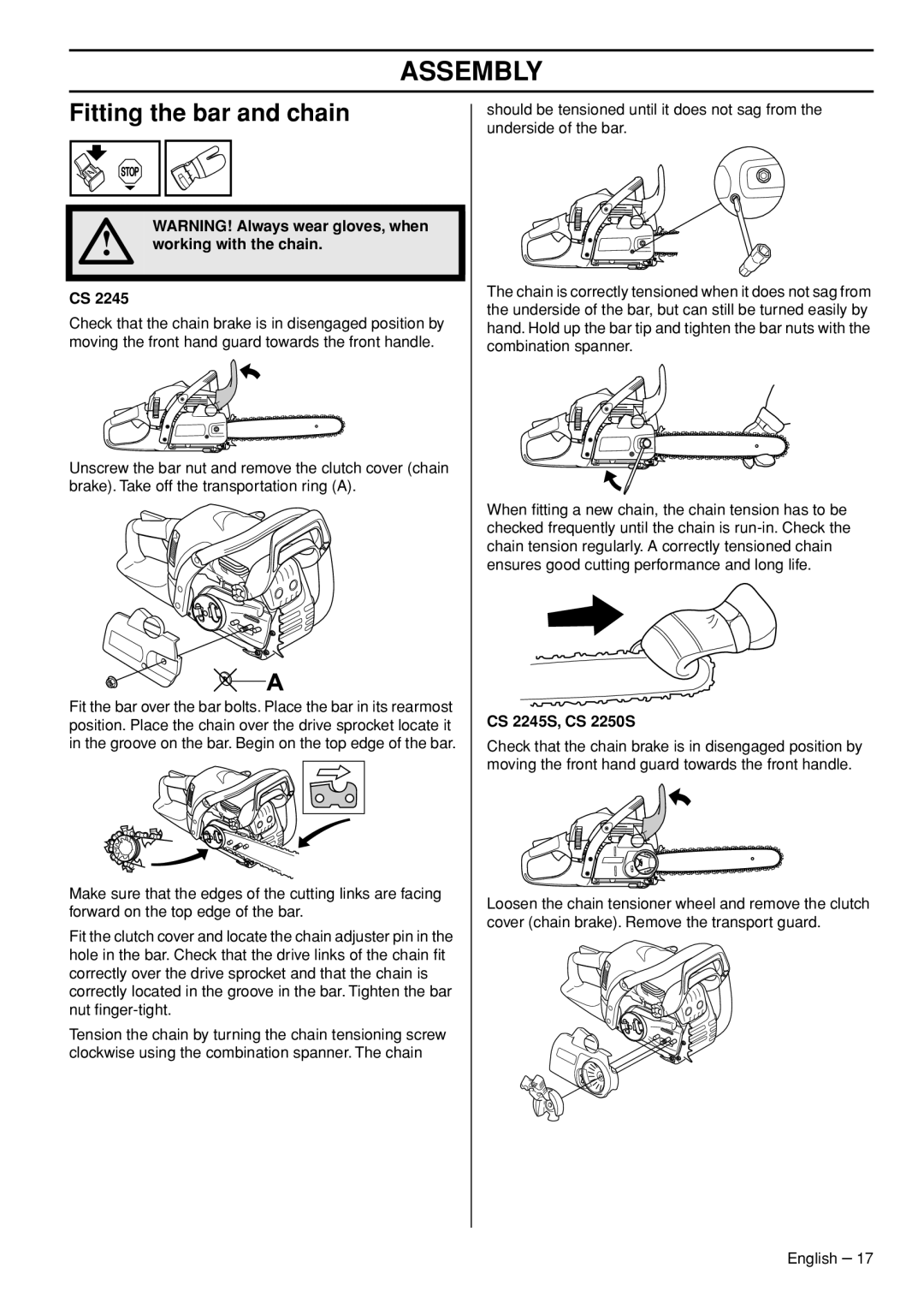 Jonsered CS 2250S, CS 2245S manual Assembly, Fitting the bar and chain, Working with the chain 