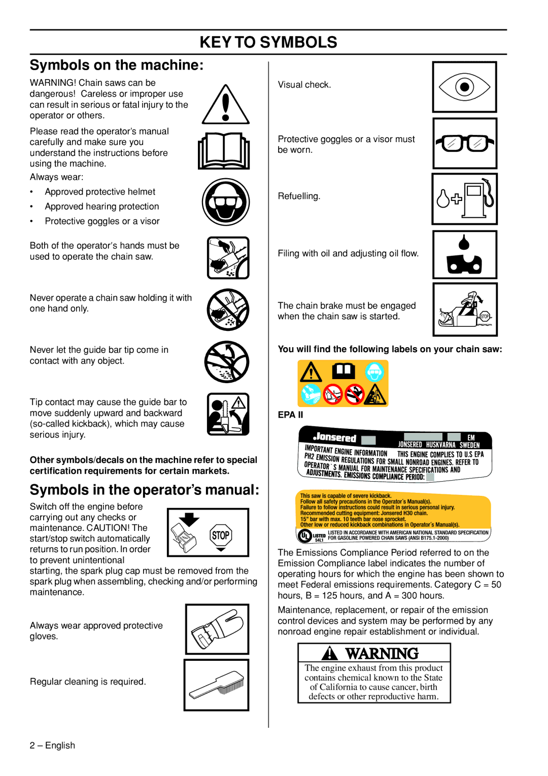 Jonsered CS 2250S, CS 2245S KEY to Symbols, Symbols on the machine, Symbols in the operator’s manual 