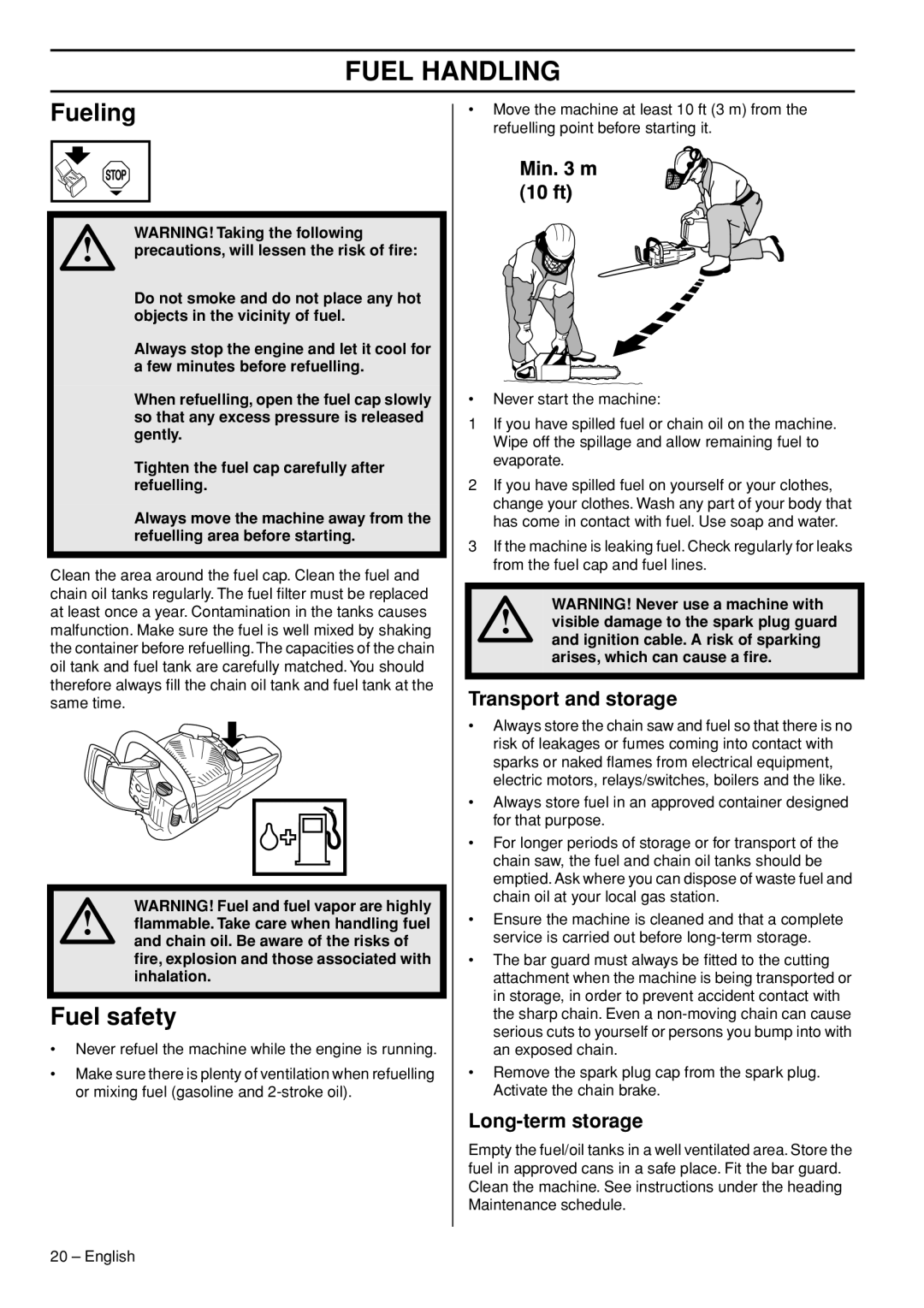 Jonsered CS 2250S, CS 2245S manual Fueling, Fuel safety, Transport and storage, Long-term storage 