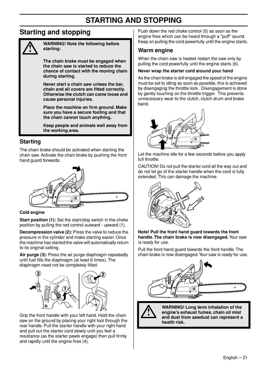 Jonsered CS 2245S, CS 2250S manual Starting and Stopping, Starting and stopping, Warm engine 