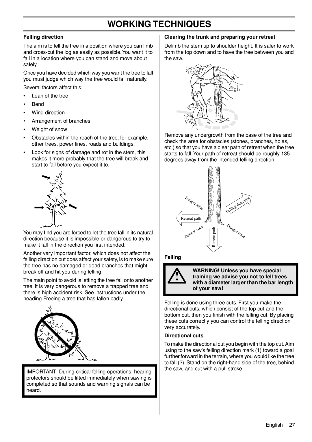 Jonsered CS 2245S, CS 2250S manual Felling direction, Clearing the trunk and preparing your retreat, Directional cuts 